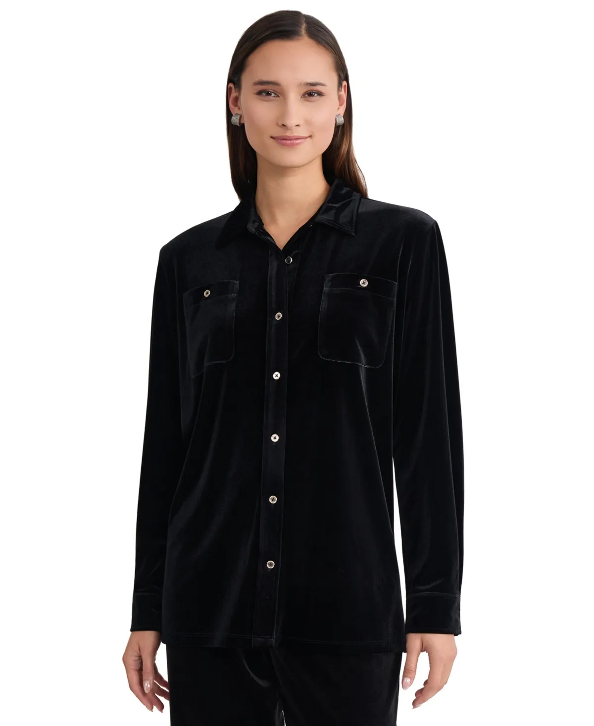 Button Down Side Slit Long-Sleeve Velvet Tunic by Jones New York