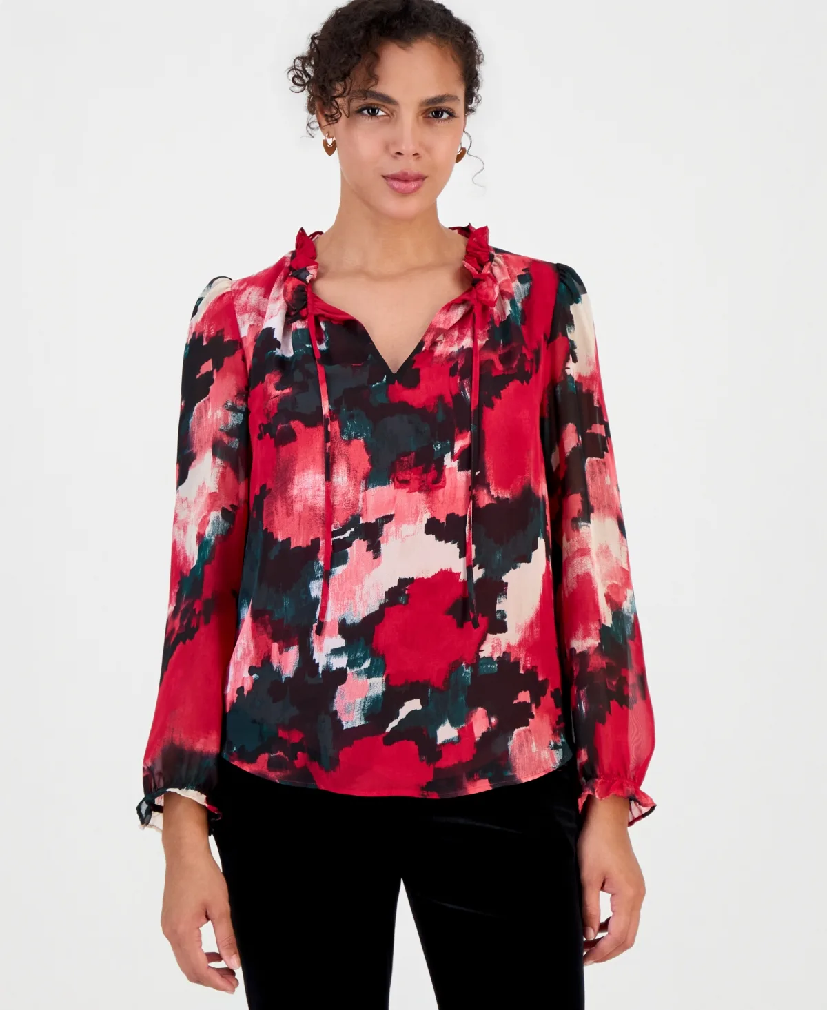 Bar III Ruffle Tie Neck Long-Sleeve V-Neck Blouse by Bar III