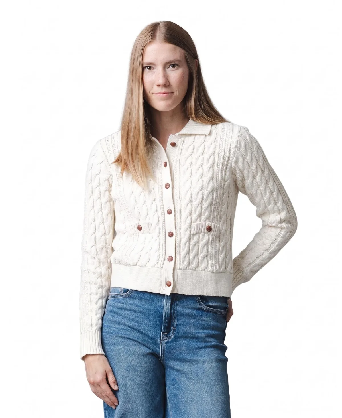 Hope & Henry Cable-Knit Collared Button-Front Cardigan by Hope & Henry
