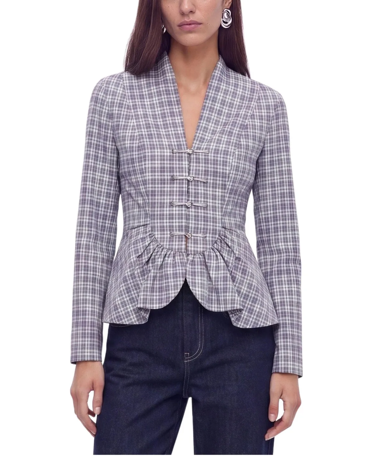Nocturne Checked Peplum V-Neck Blouse by Nocturne
