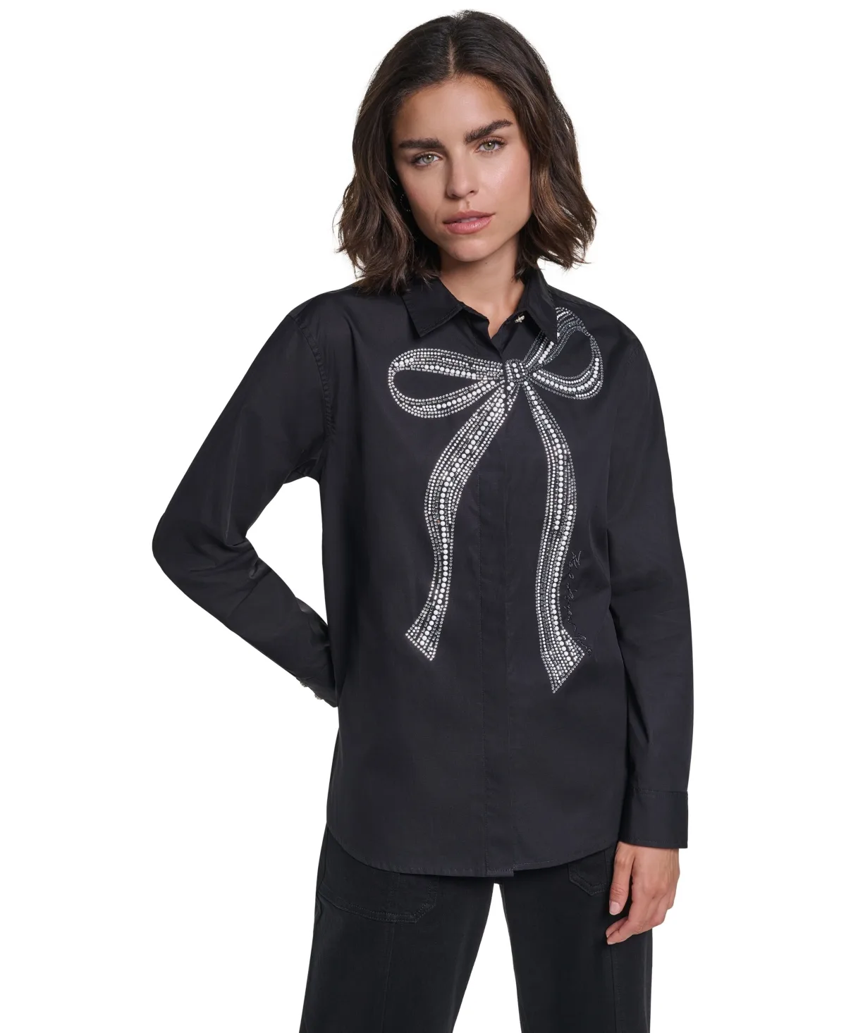 Crystal Bow Long-Sleeve Blouse