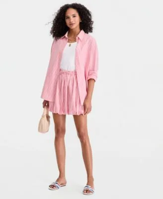 Stripe Button Front Top Double Scoop Neck Layering Tank Top Stripe Bubble Hem Mini Skirt by On 34th