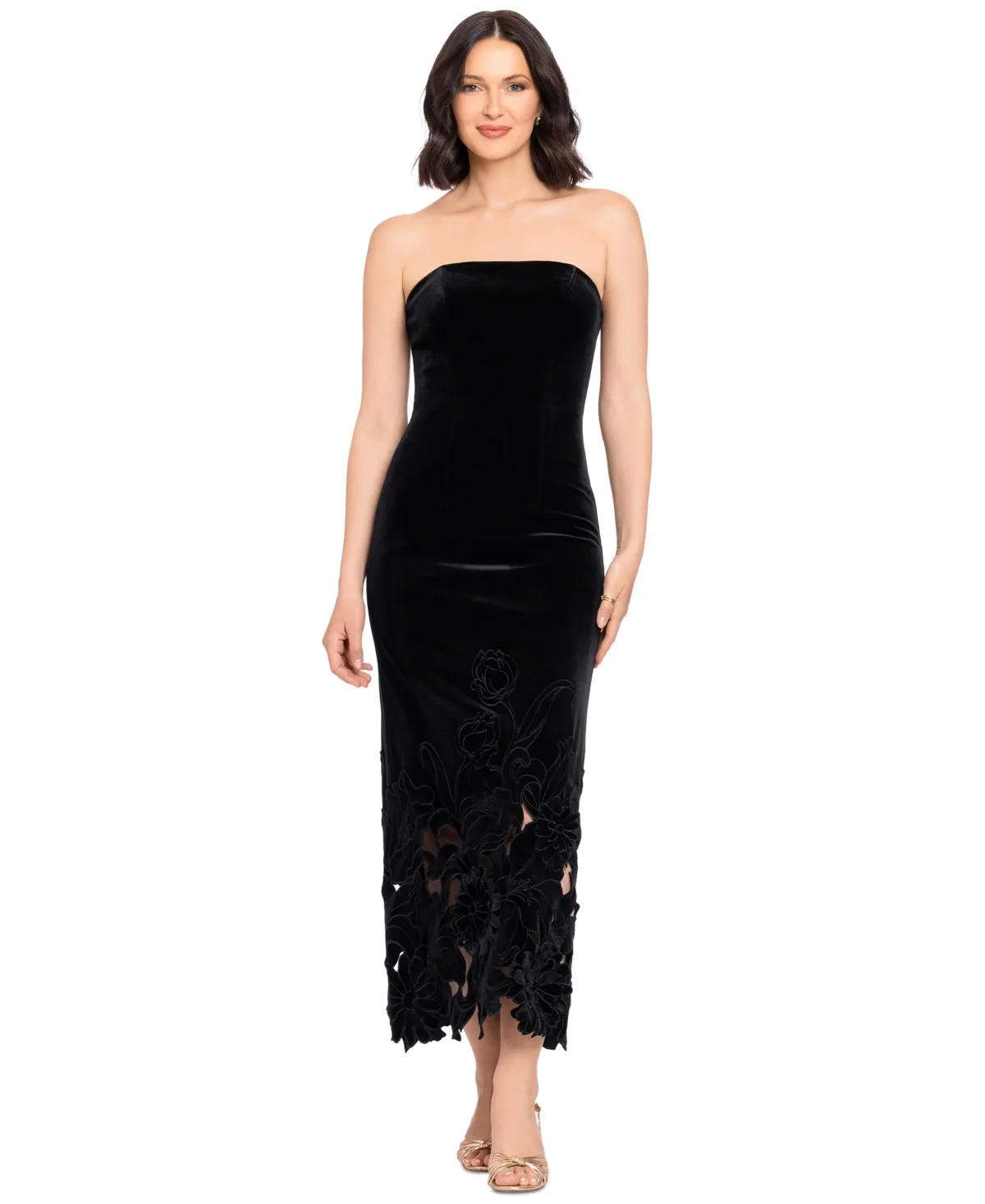 Laser-Cut Strapless Velvet Sheath Dress by Betsy & Adam