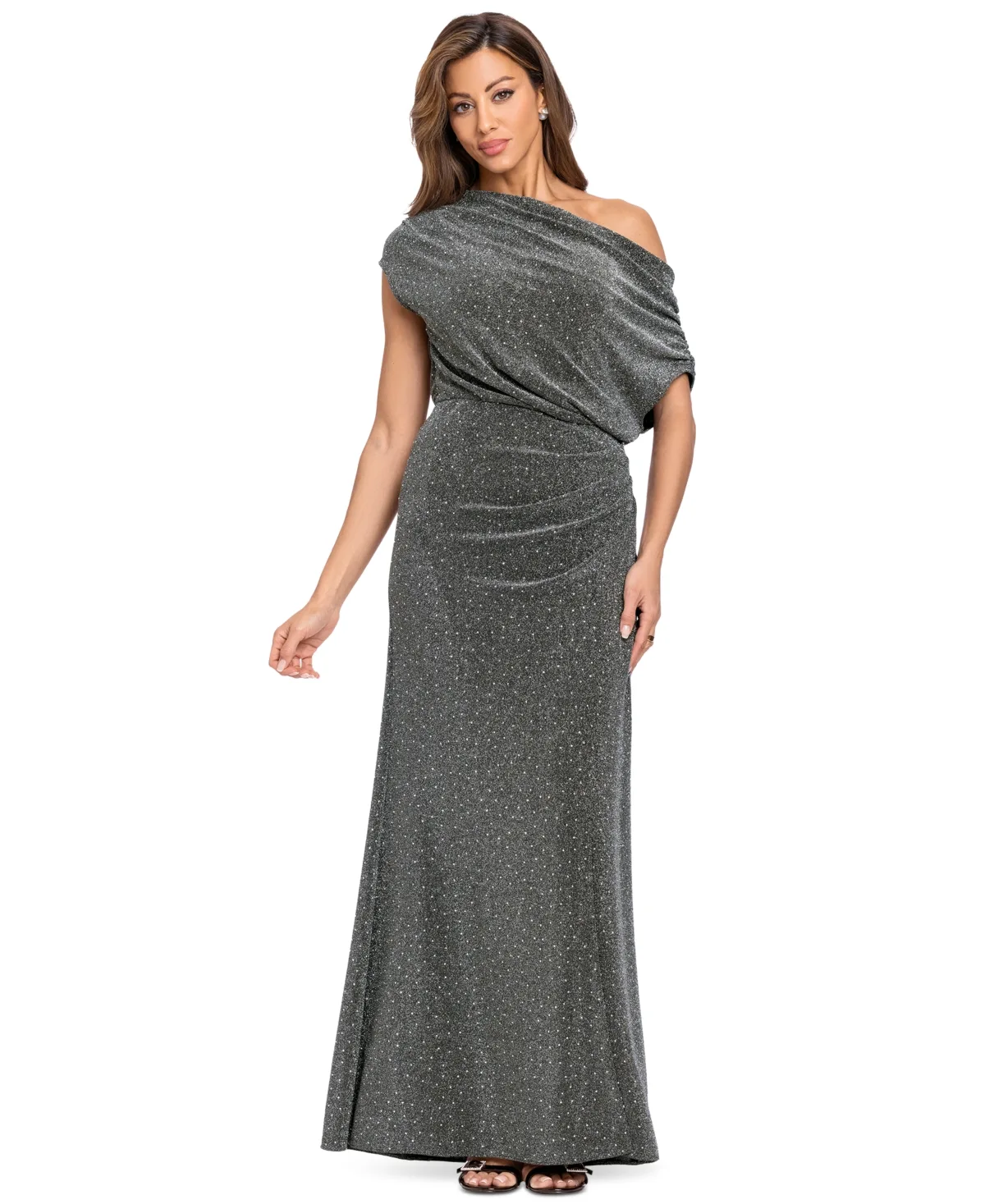 Off-the-Shoulder Studded Knit Long Gown by Betsy & Adam