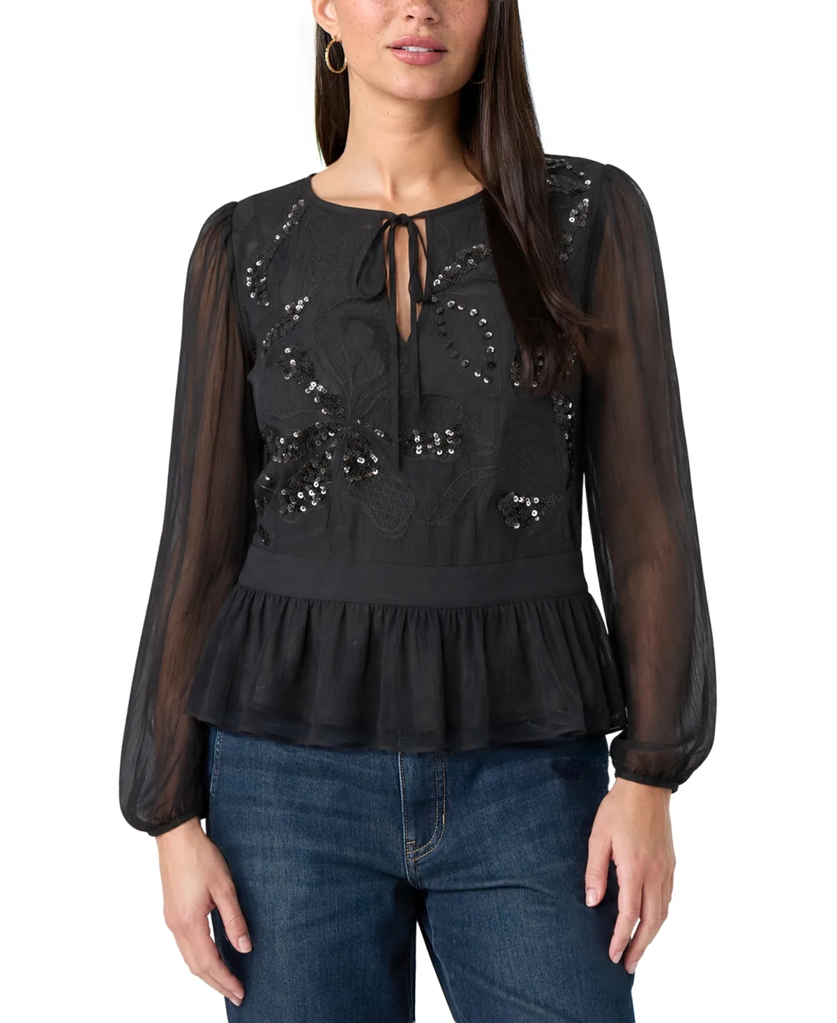 Sequin Sheer Peplum Blouse by Liverpool Los Angeles