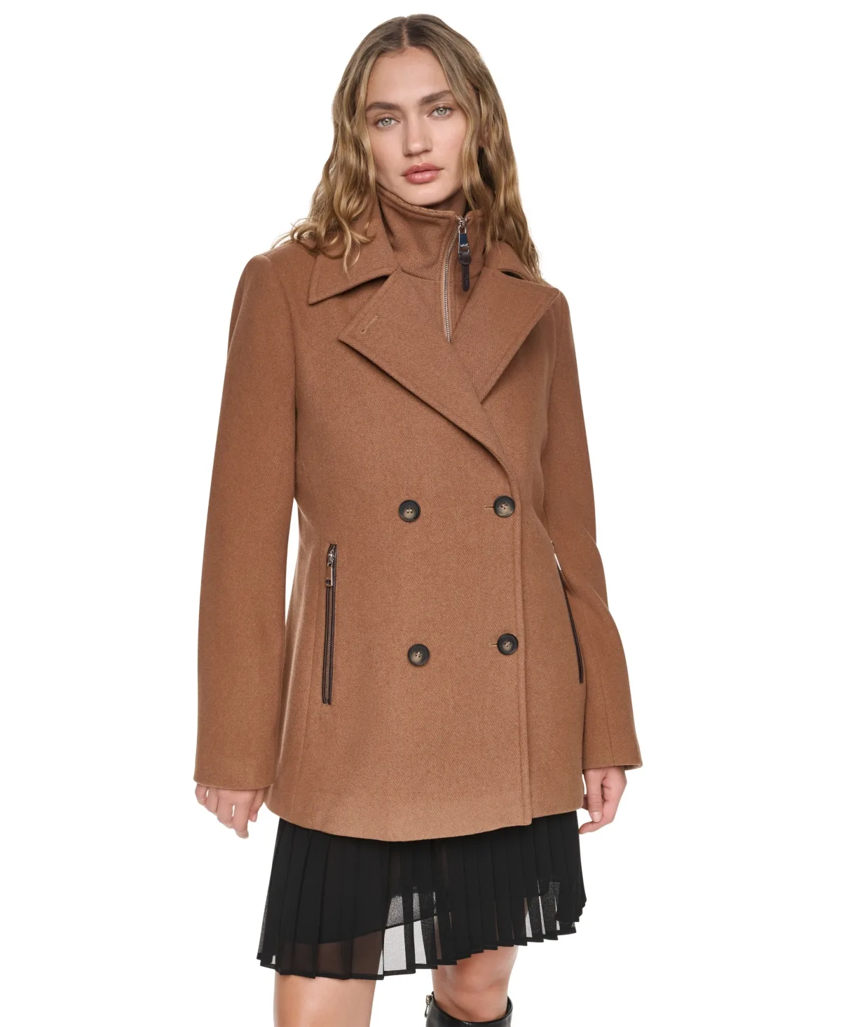 Wool-Blend Double-Breasted Long-Sleeve Peacoat by DKNY