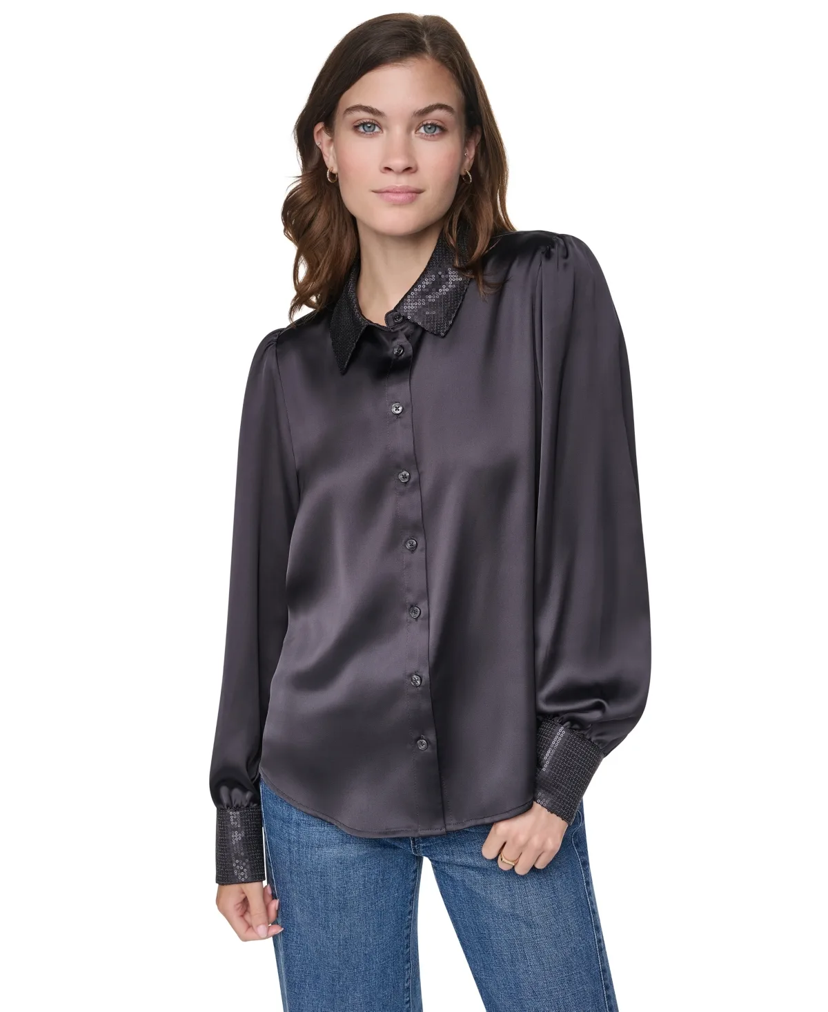 Dkny Jeans Puff-Sleeve Sequin-Trim Henley Blouse by DKNY