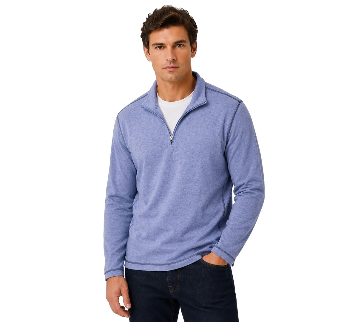 Plated Knit Mini Oxford Mock-Neck Quarter-Zip Pullover by Vintage 1946