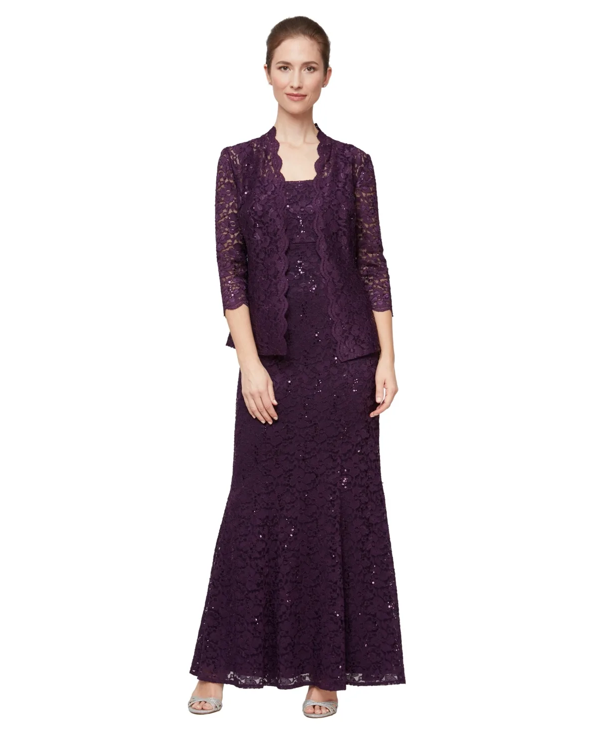 Long Fit & Flare Sequins Scoop Neck Lace Dress and Jacket, 2-Piece Set