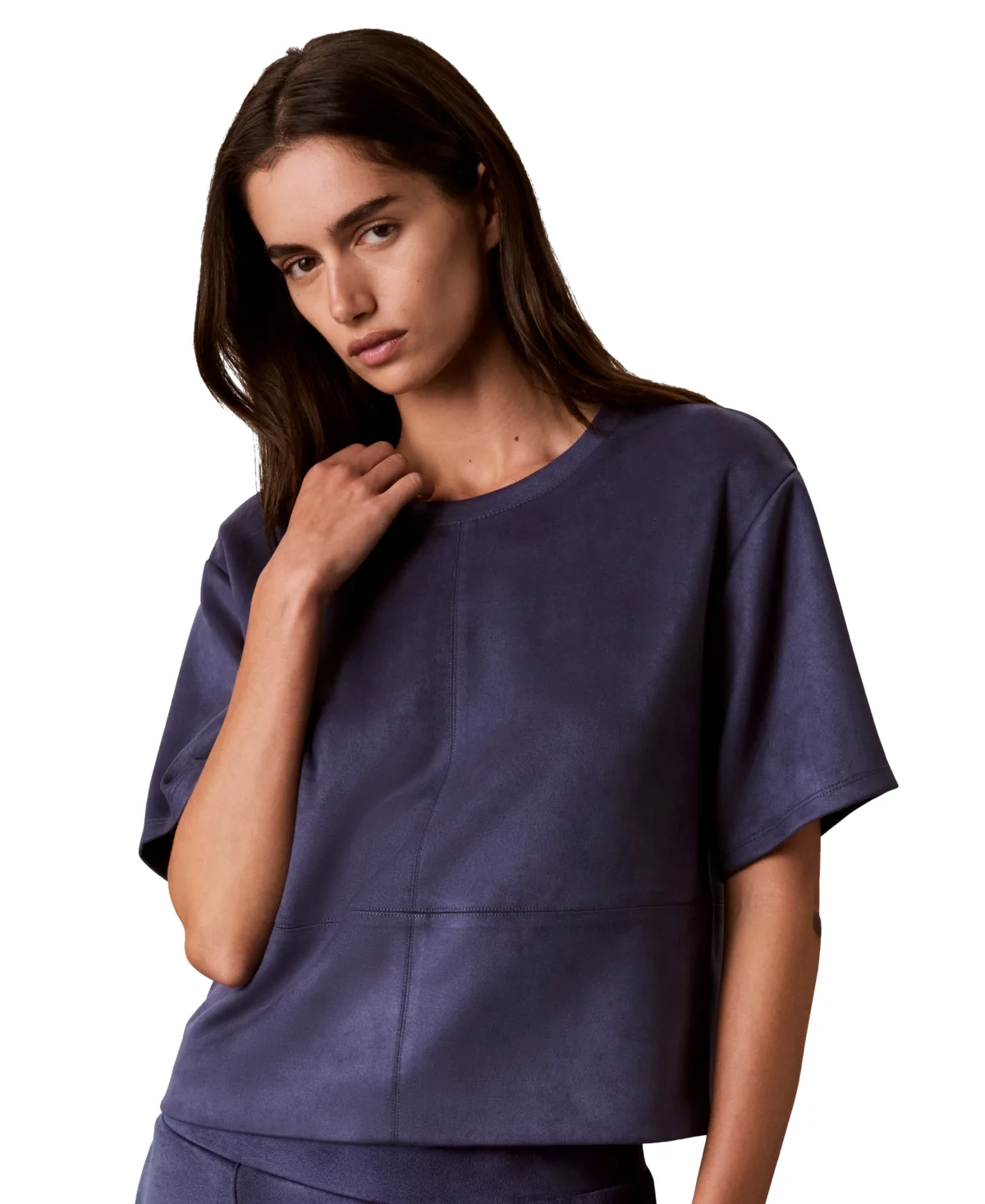 Boxy Faux Suede Crewneck T-Shirt by Calvin Klein