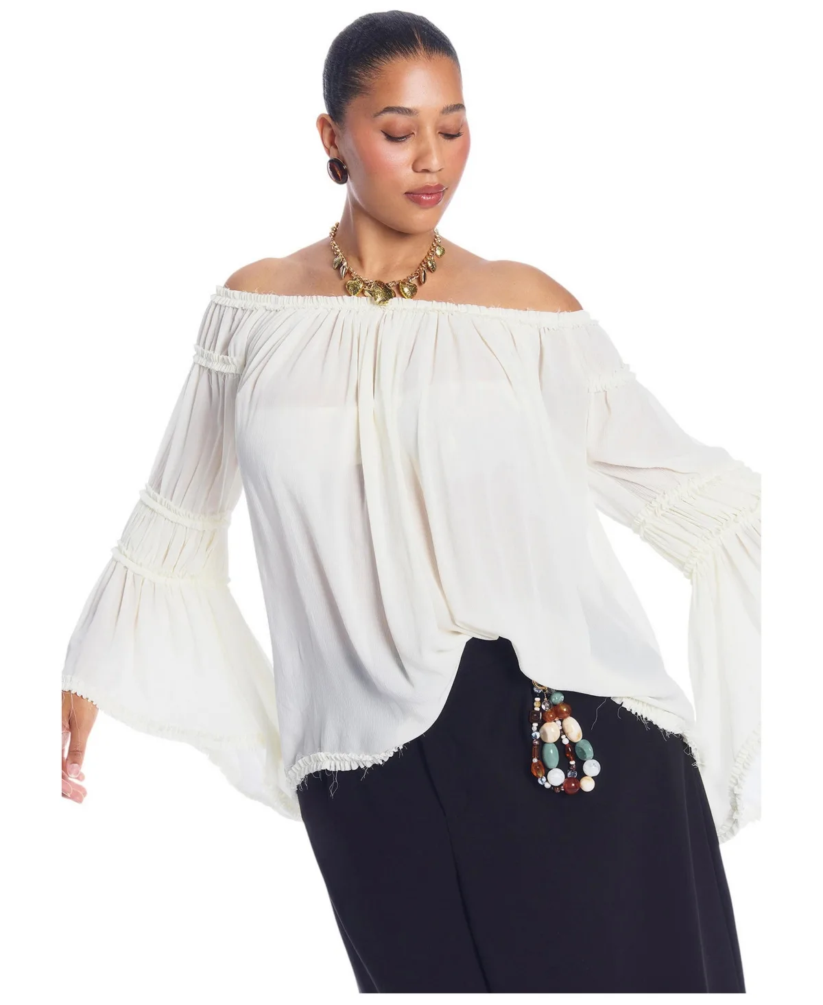 Off-The-Shoulder Sheer Long-Sleeve Blouse by June & Vie