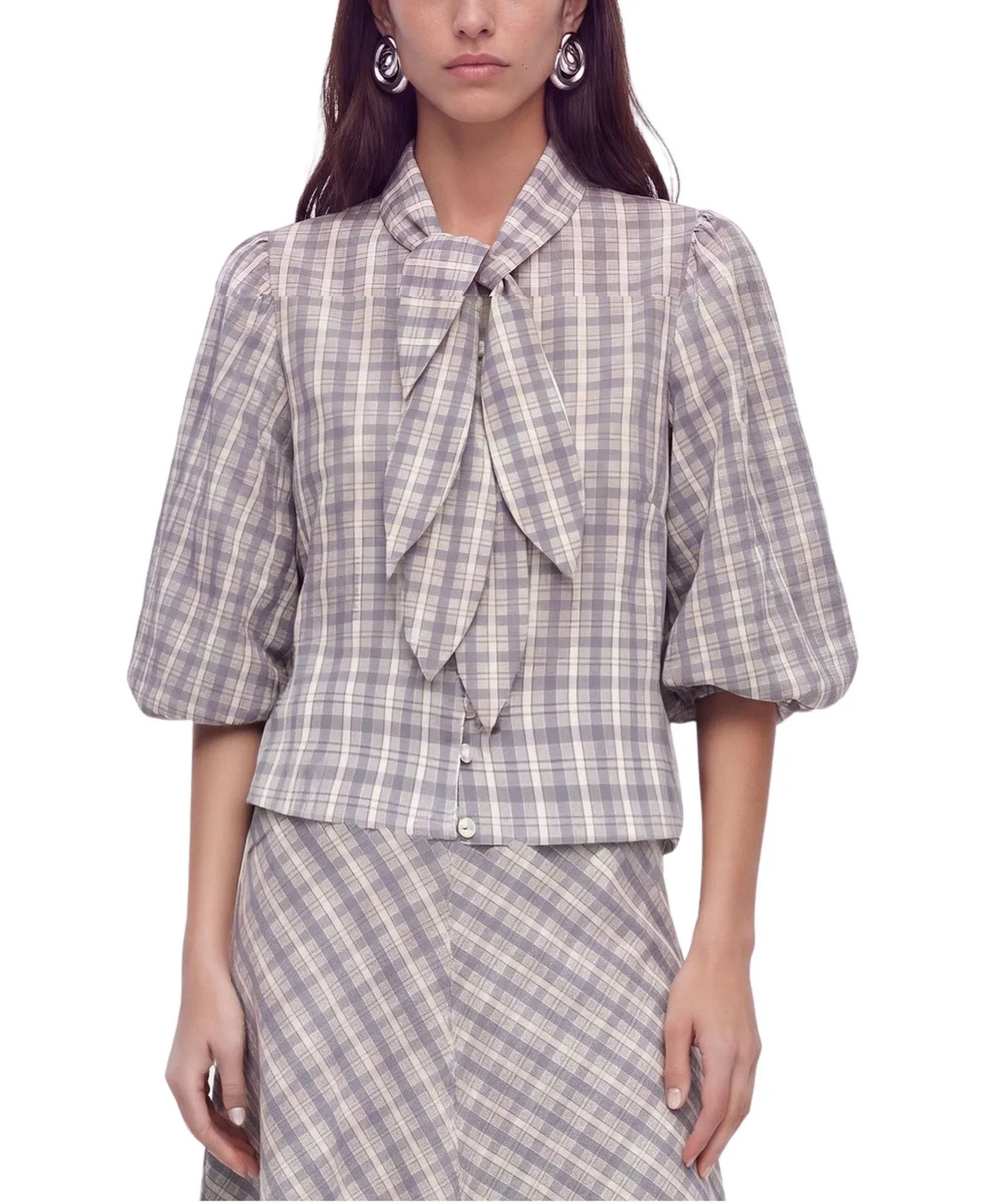 Checked Tie Neck Cropped Shirt by Nocturne