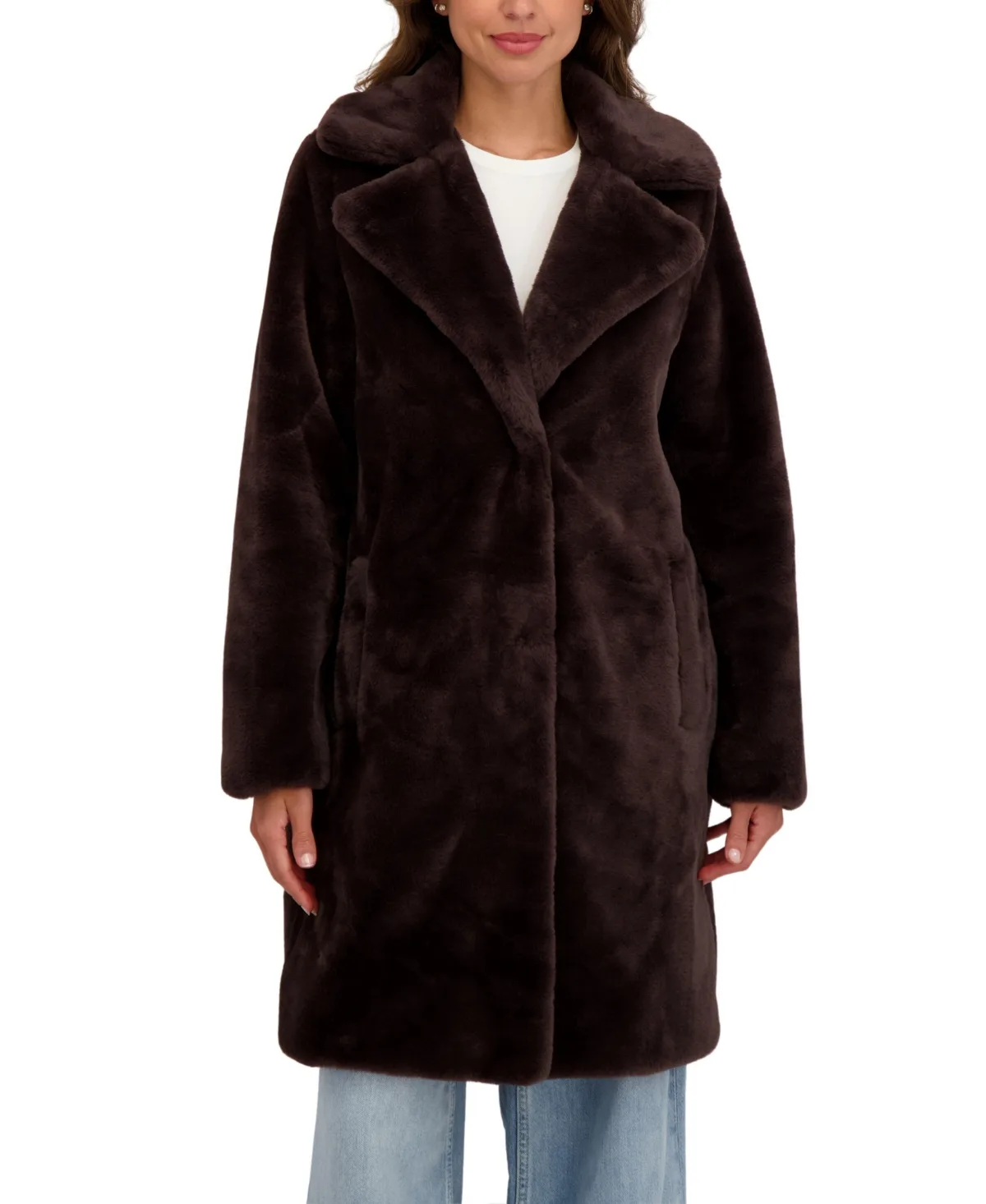Faux Fur Notch Collar 3/4 Coat by Sebby Collection