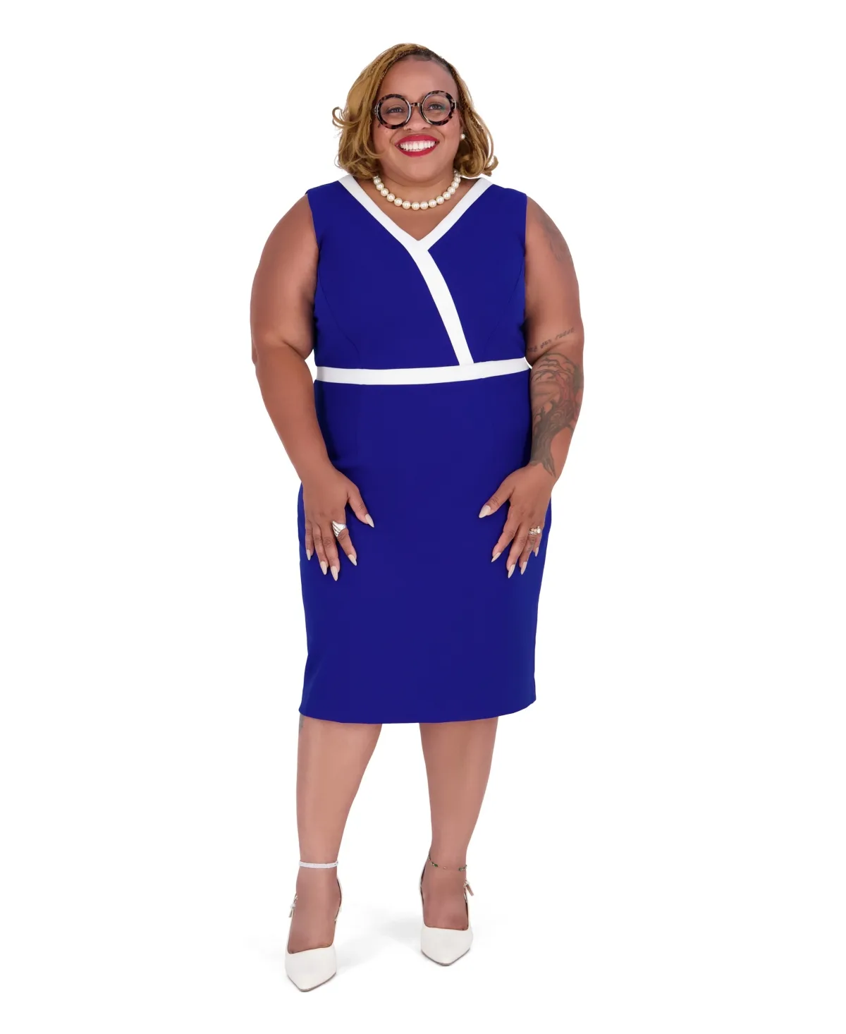 Scuba Crepe V-Neck Sheath Dress with Colorblocked Trim by Kasper
