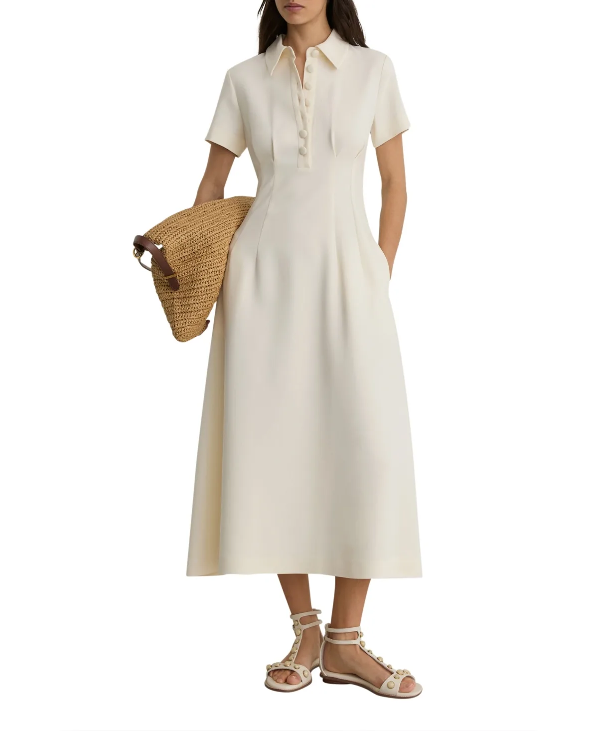 Button-Neck Short-Sleeve Midi Dress by Reiss