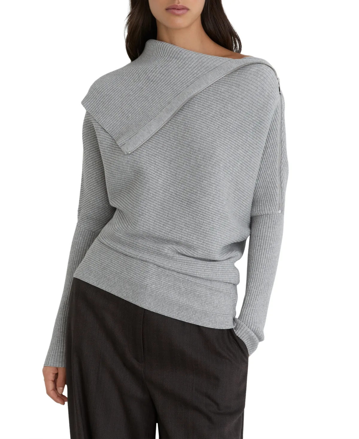 Leena Asymmetric Zip-Neck Rib-Knit Jumper by Reiss