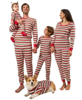 Matching Family Red White Green Striped Cotton Christmas Pajamas by Leveret