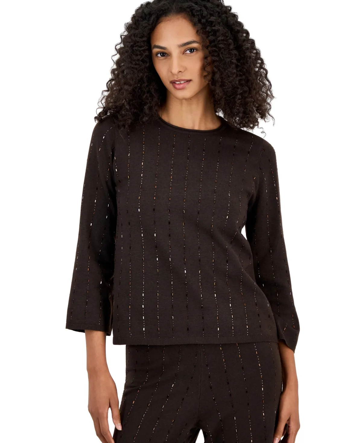 Fitted Crewneck 3/4-Sleeve Pullover Sweater by Anne Klein