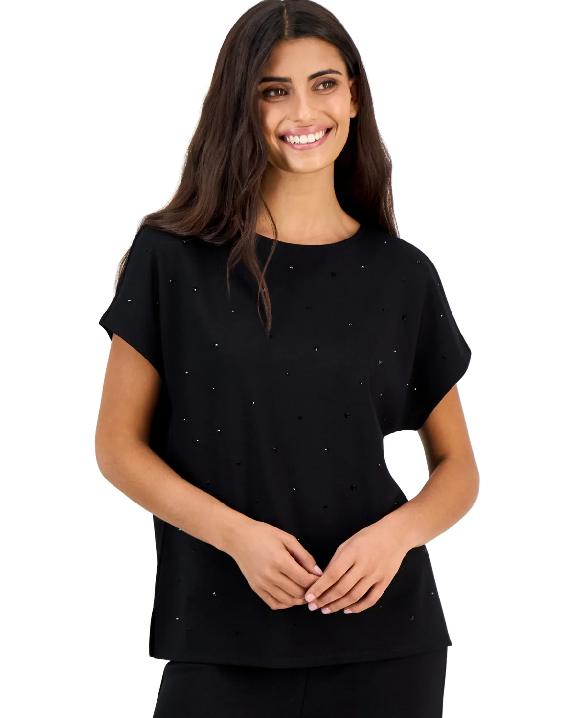 Essentials Serentiy Heatset-Embellished Boat Neck Short-Sleeve T-Shirt