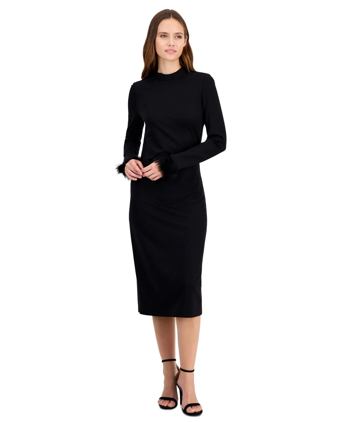 Feather Trim Sheath Long-Sleeve Midi Dress