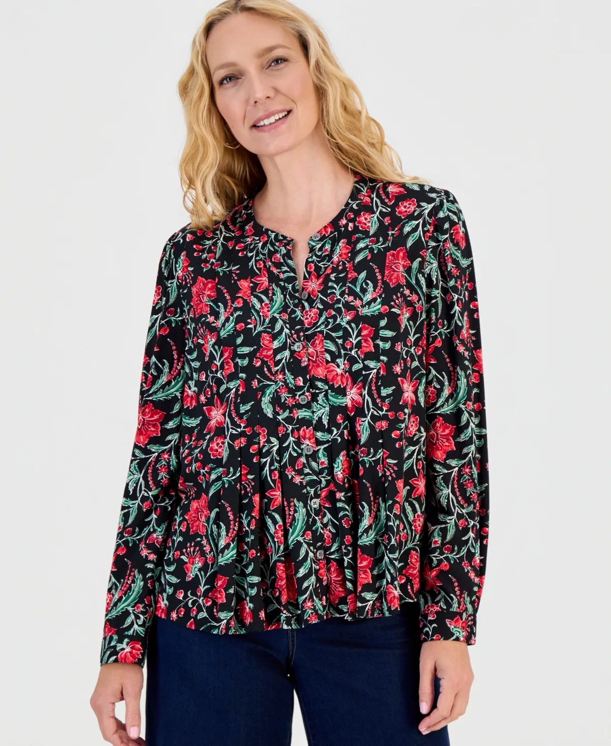 Floral-Print Long-Sleeve Button-Front Blouse by Style & Co