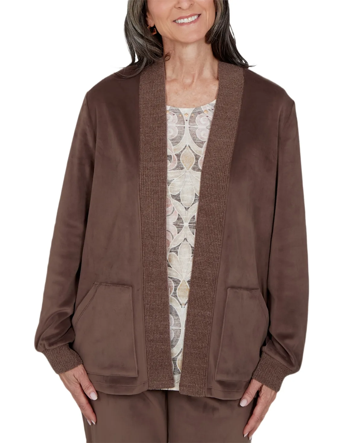 Shawl-Collar Open-Front Long-Sleeve Faux Suede Cardigan Sweater by Alfred Dunner