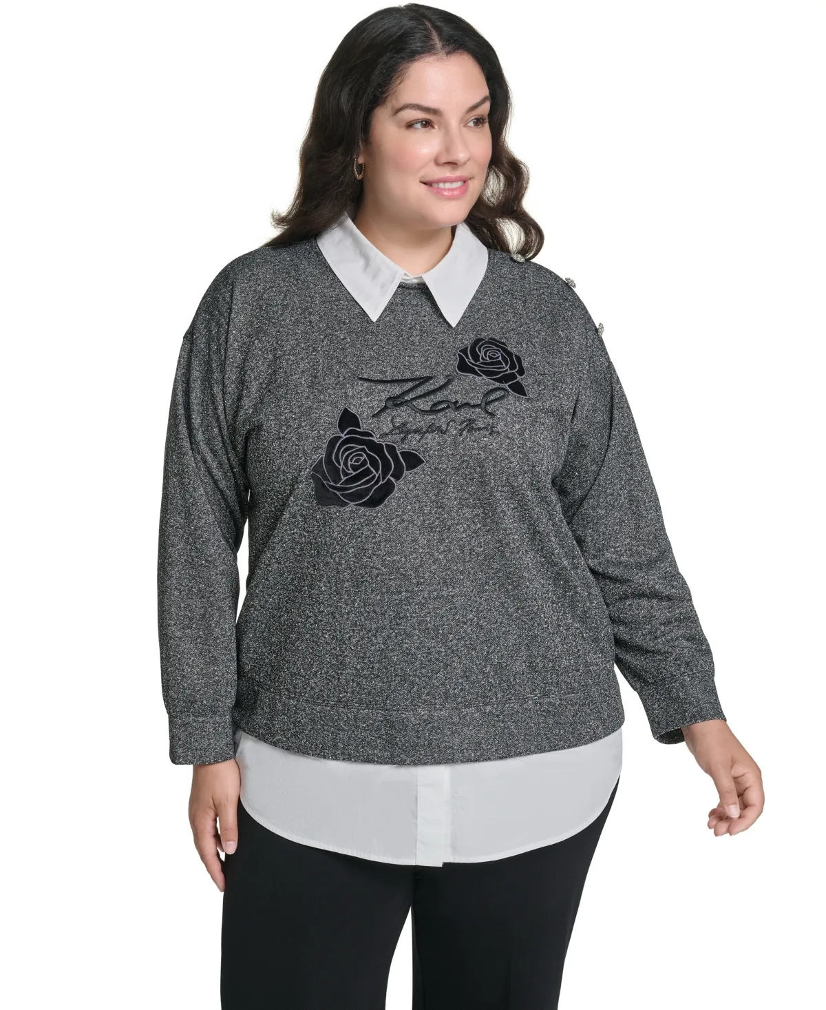 Rose Collared Long-Sleeve Twofer Sweater by Karl Lagerfeld
