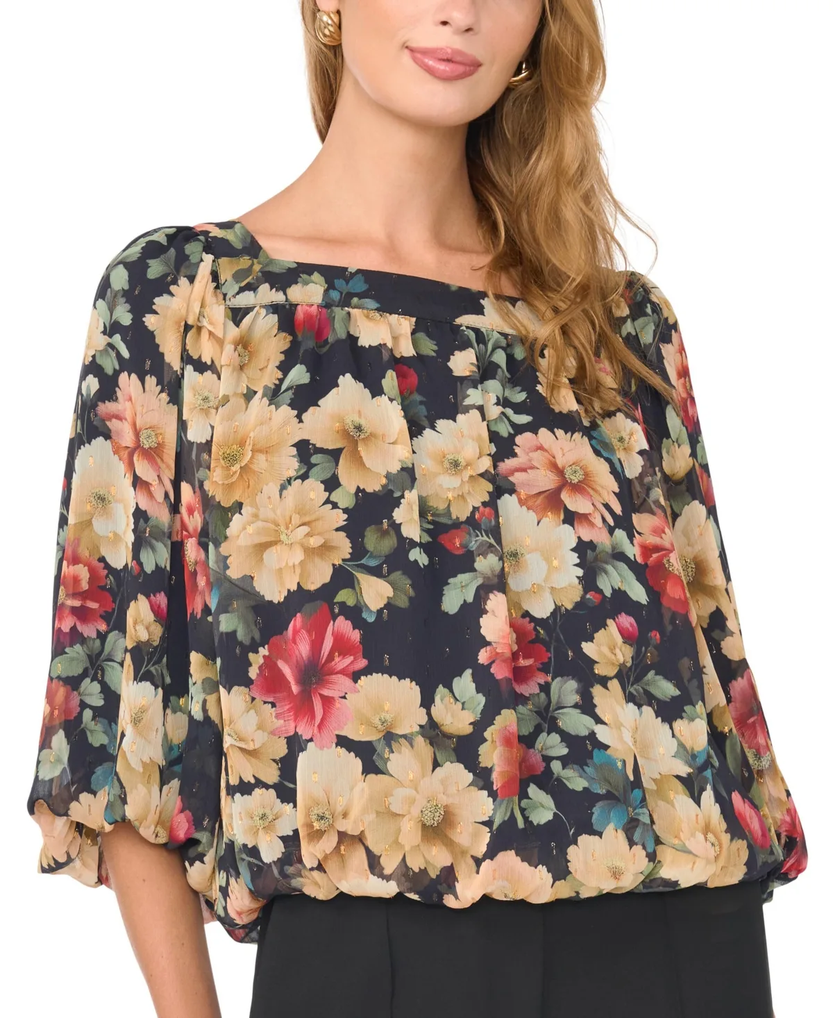 Square Neck Bubble 3/4-Sleeve Chiffon Floral-Print Blouse