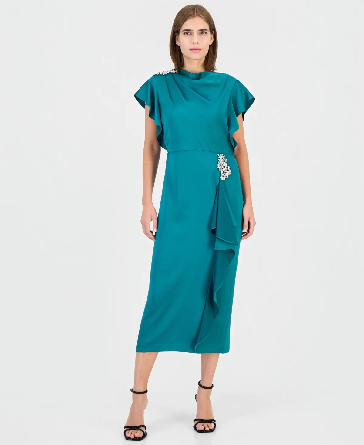 Cowl-Neck Ruffle Satin Midi Dress by Anne Klein