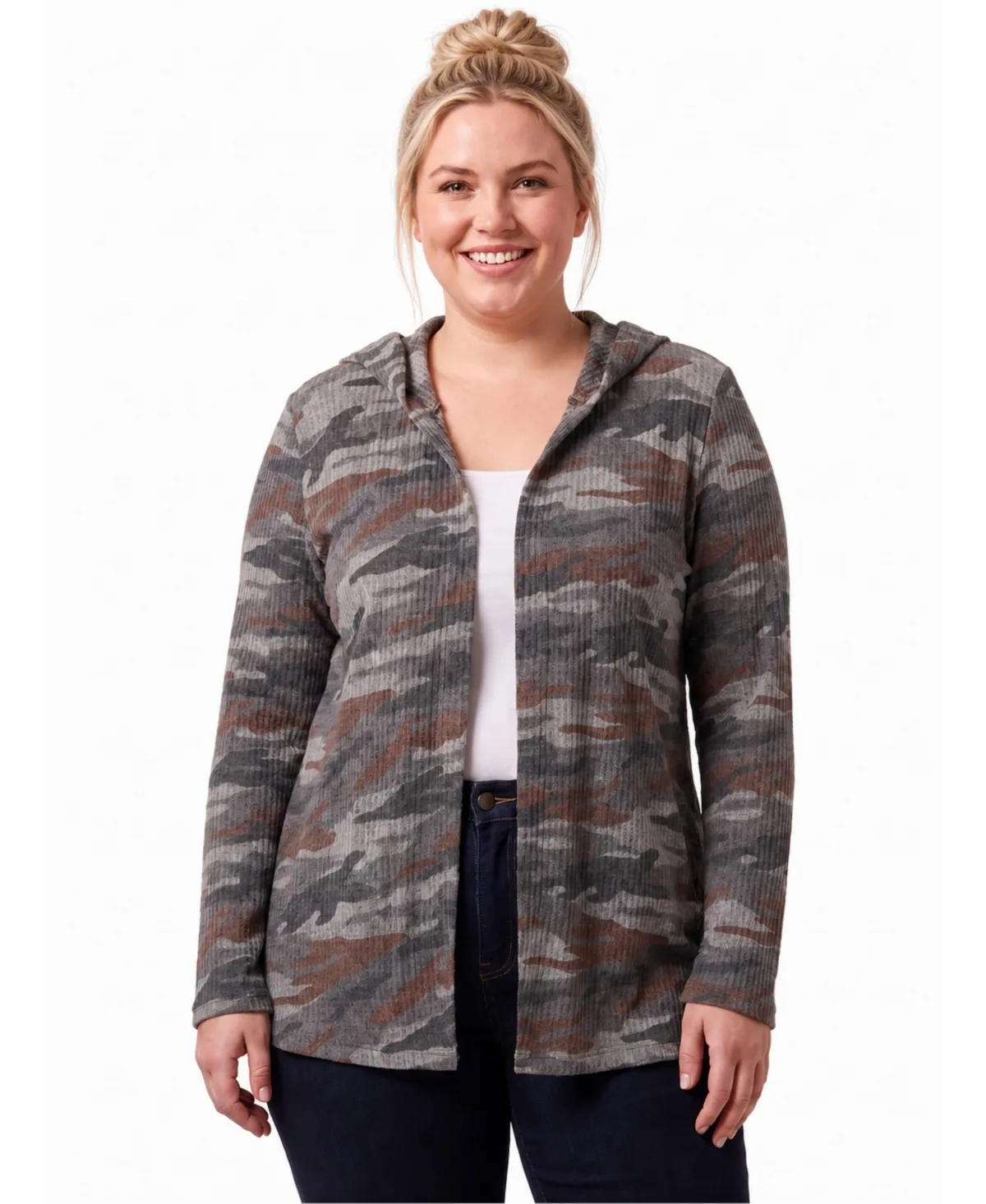 Hooded Open-Front Camo-Print Cardigan by 24seven Comfort Apparel