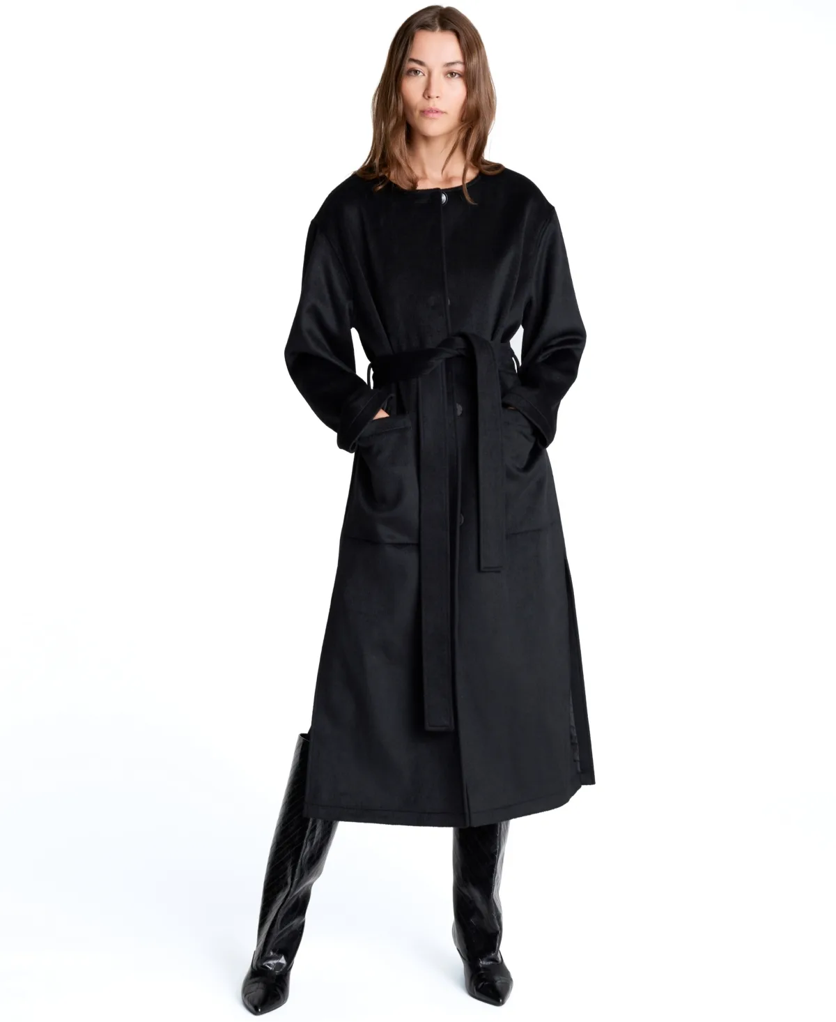 Leopard-Print Belted Collarless Coat by Kenneth Cole