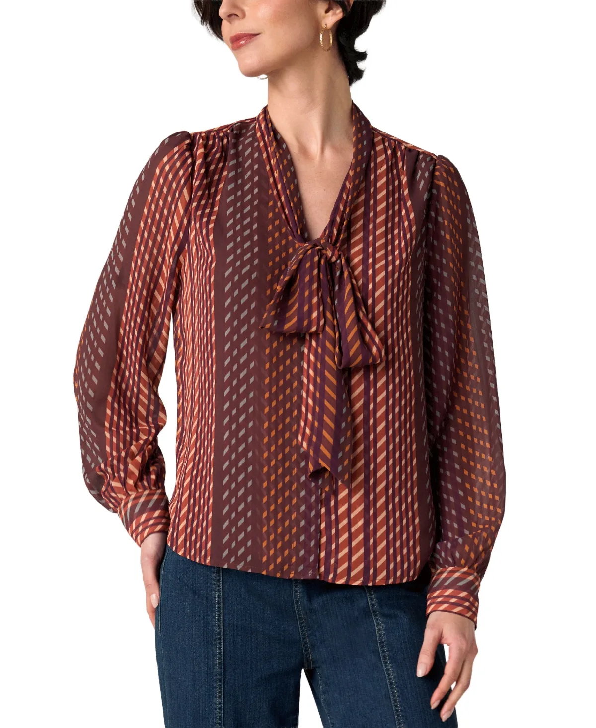 Long-Sleeve V-Neck Neck-Tie Blouse