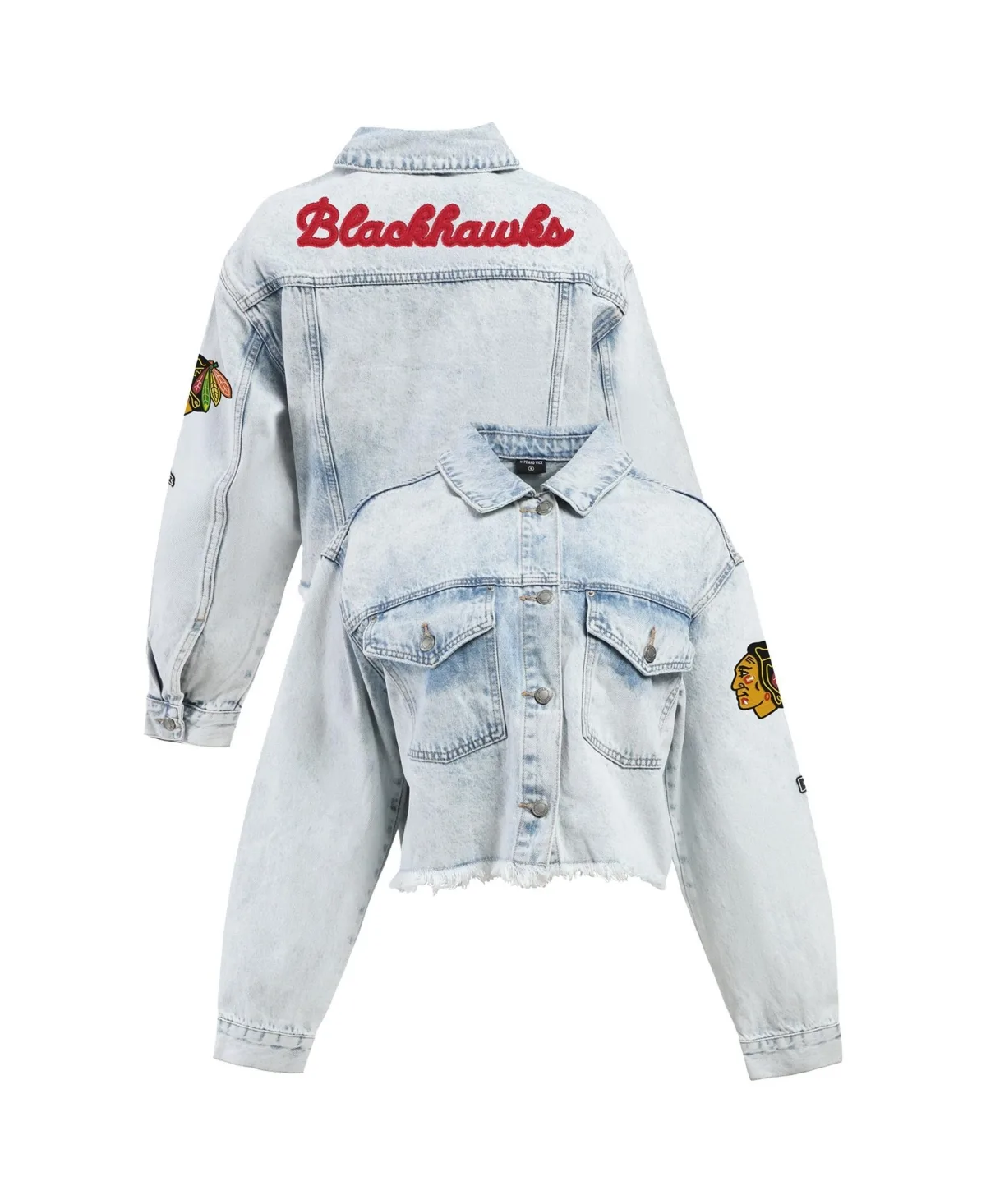 Chicago Blackhawks Cropped Raw-Edge Hem Long-Sleeve Denim Jacket by Hype and Vice