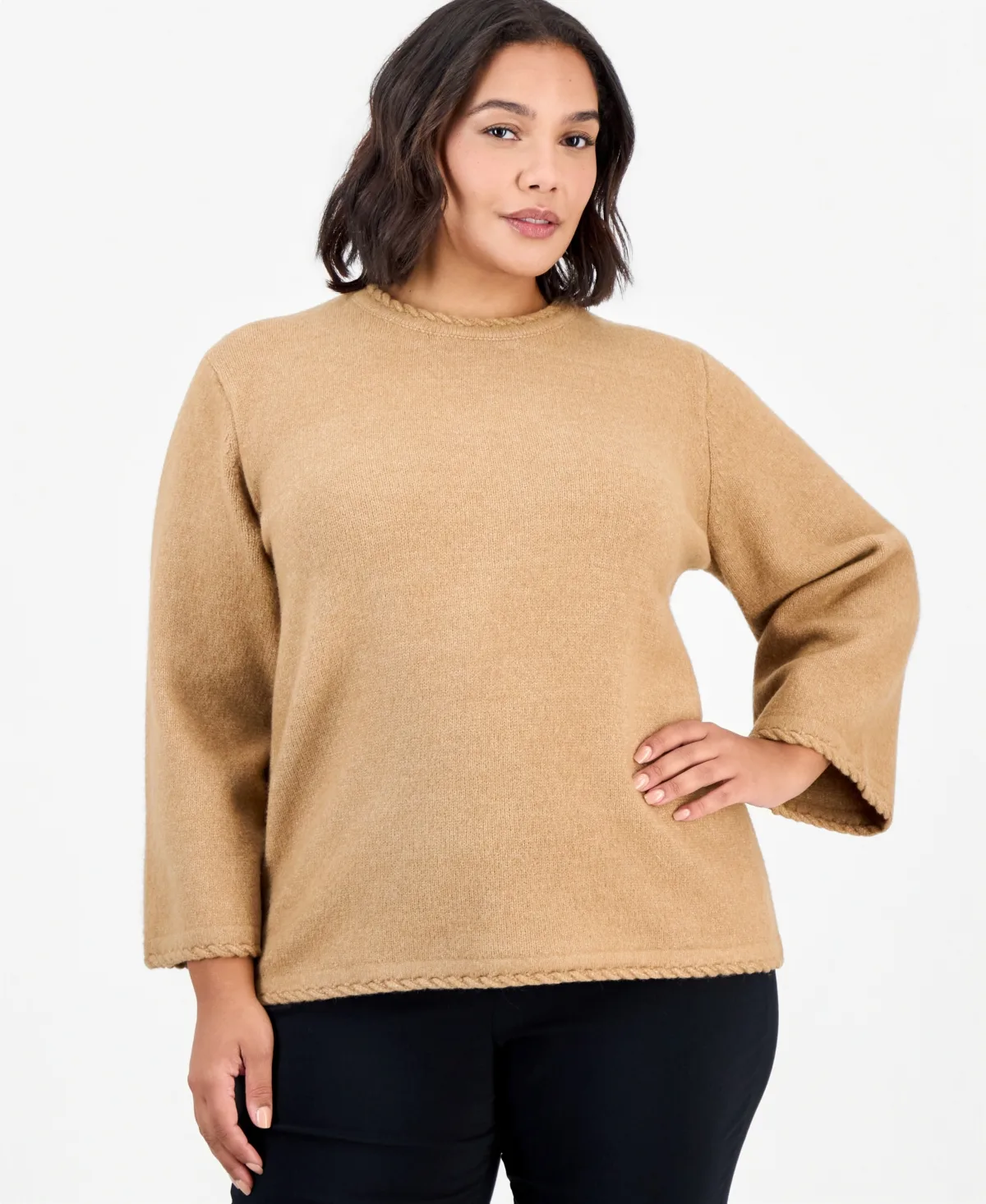 Crewneck Bell-Sleeve Sweater with Braided Trim by Anne Klein