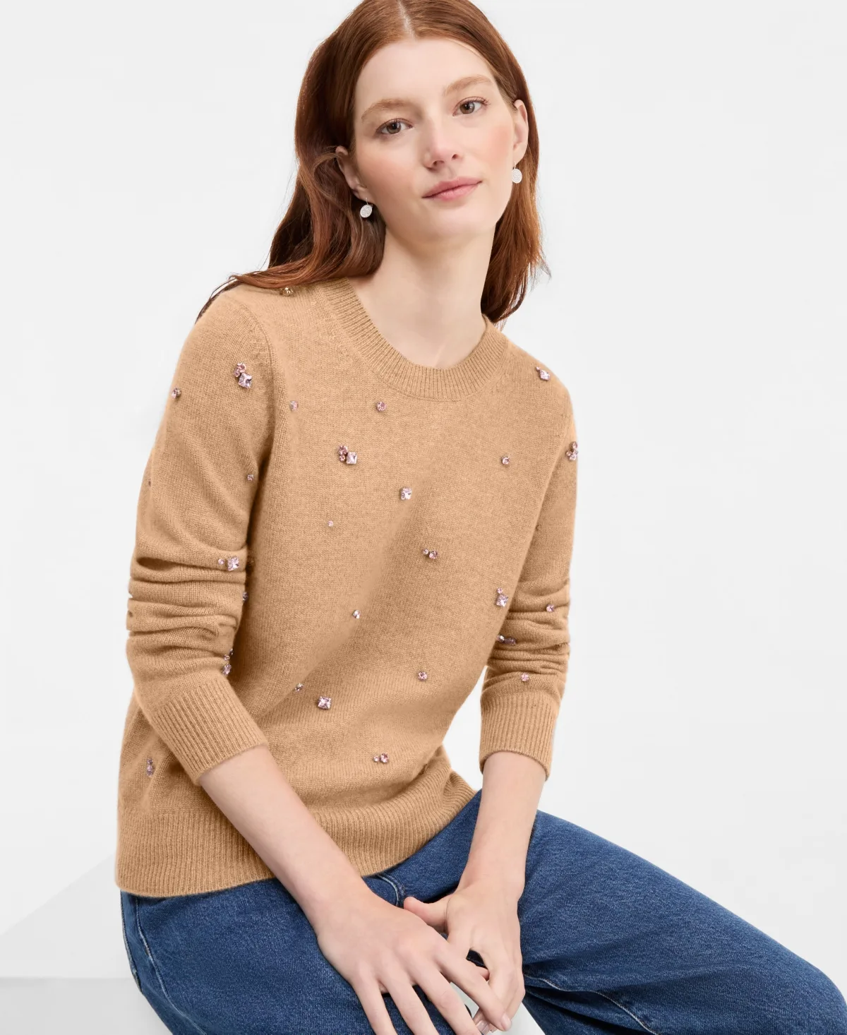 100% Cashmere Embellished Chunky Crewneck Sweater by Charter Club