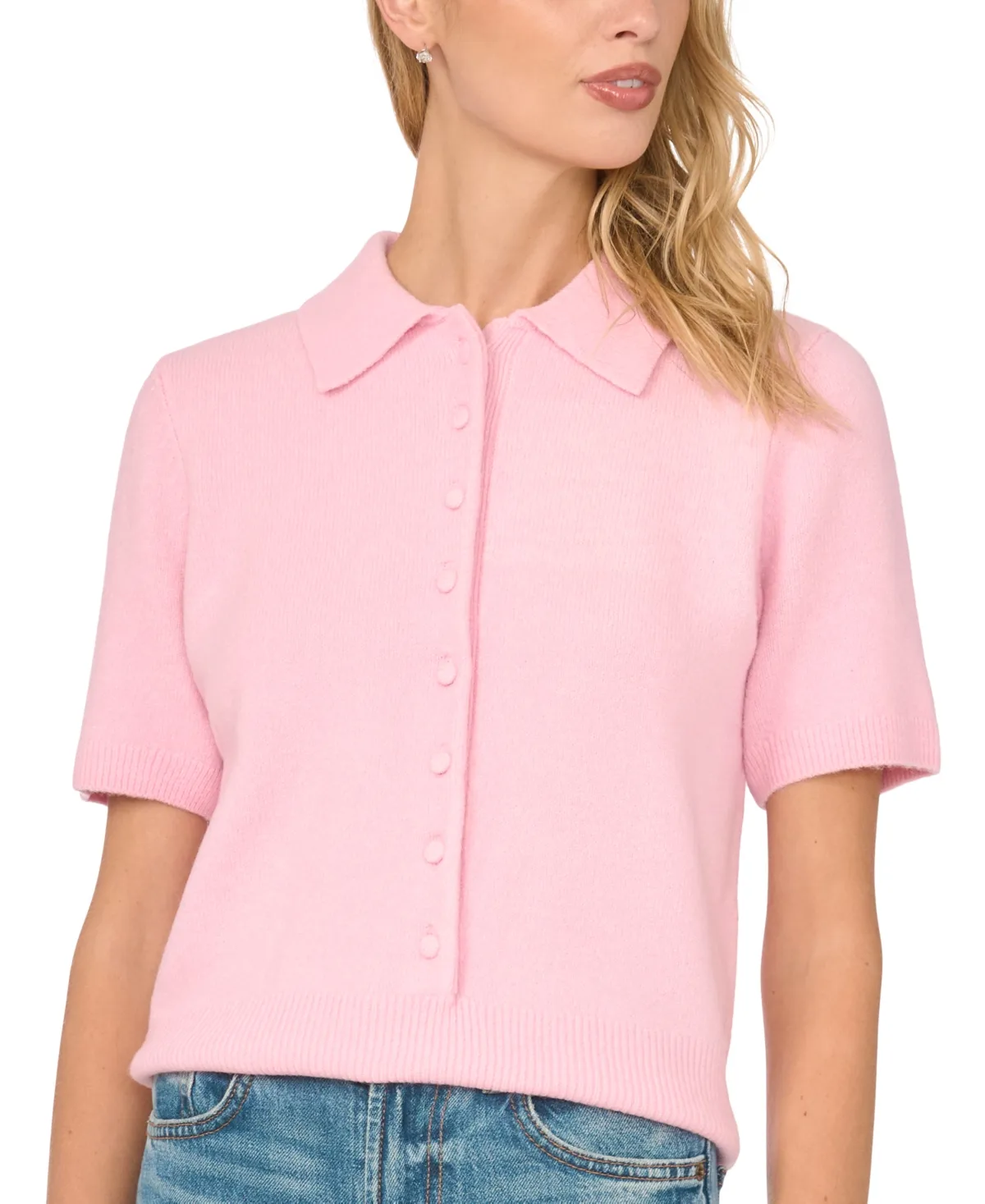 Short-Sleeve Button-Front Collared Sweater by CeCe