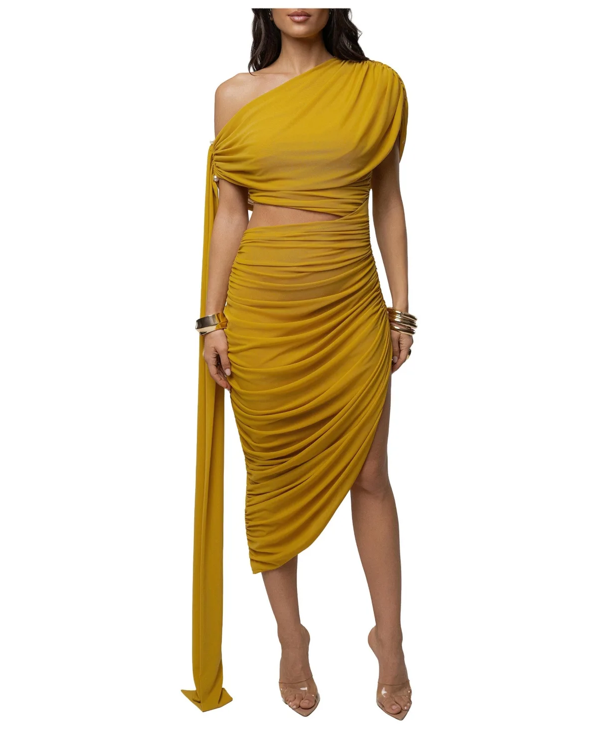 Aris One-Shoulder Asymmetric Cutout Midi Dress by Jluxlabel