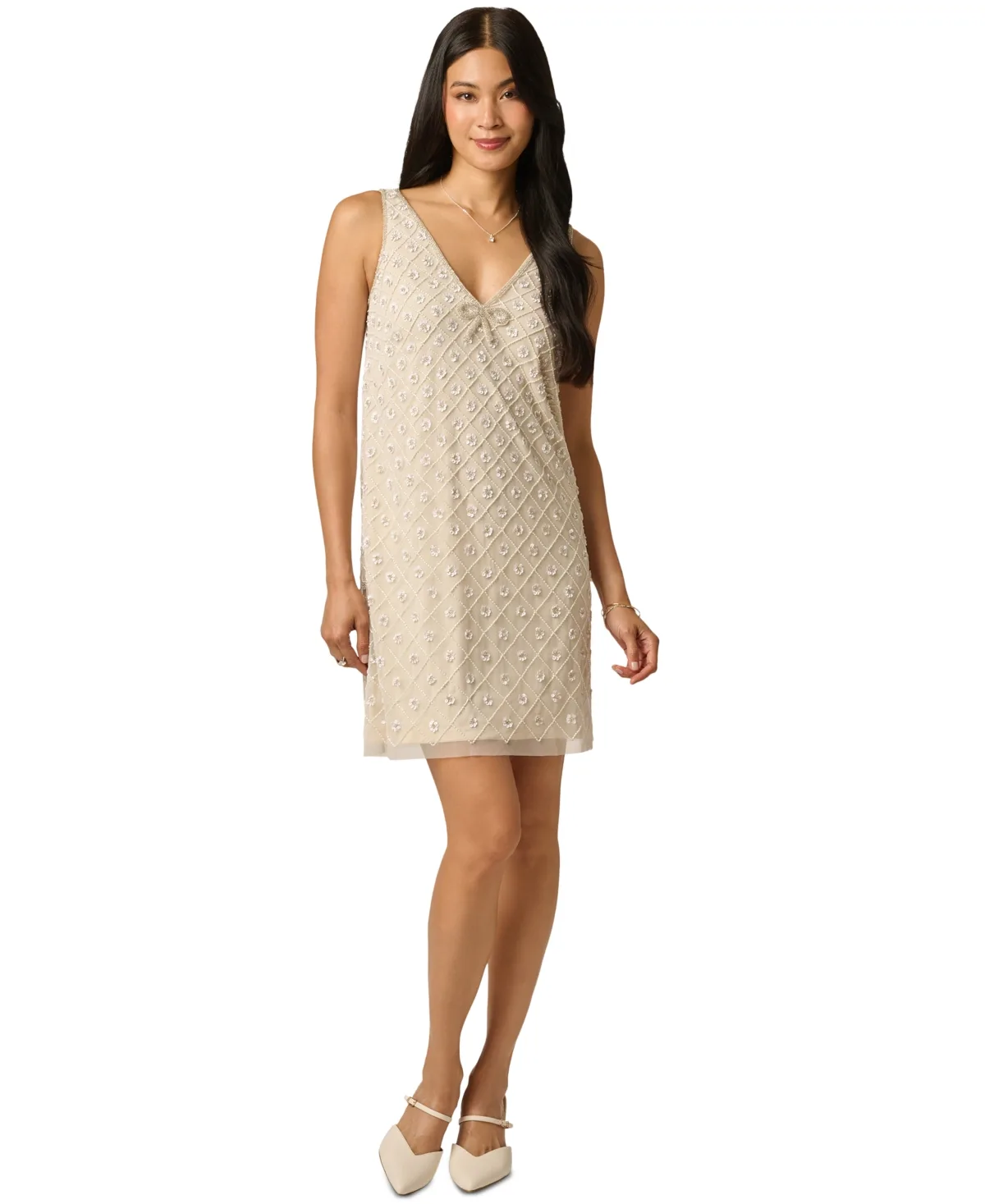 Beaded Trapeze V-Neck Mini Dress by Adrianna Papell