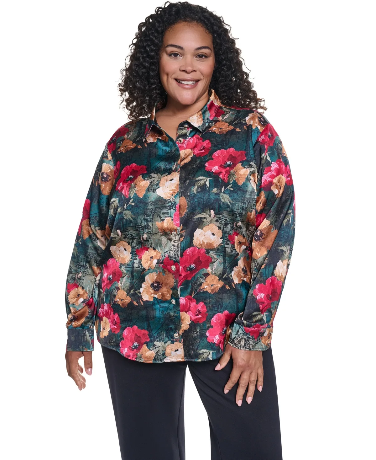 Floral Woven Collared Long-Sleeve Blouse by Karl Lagerfeld