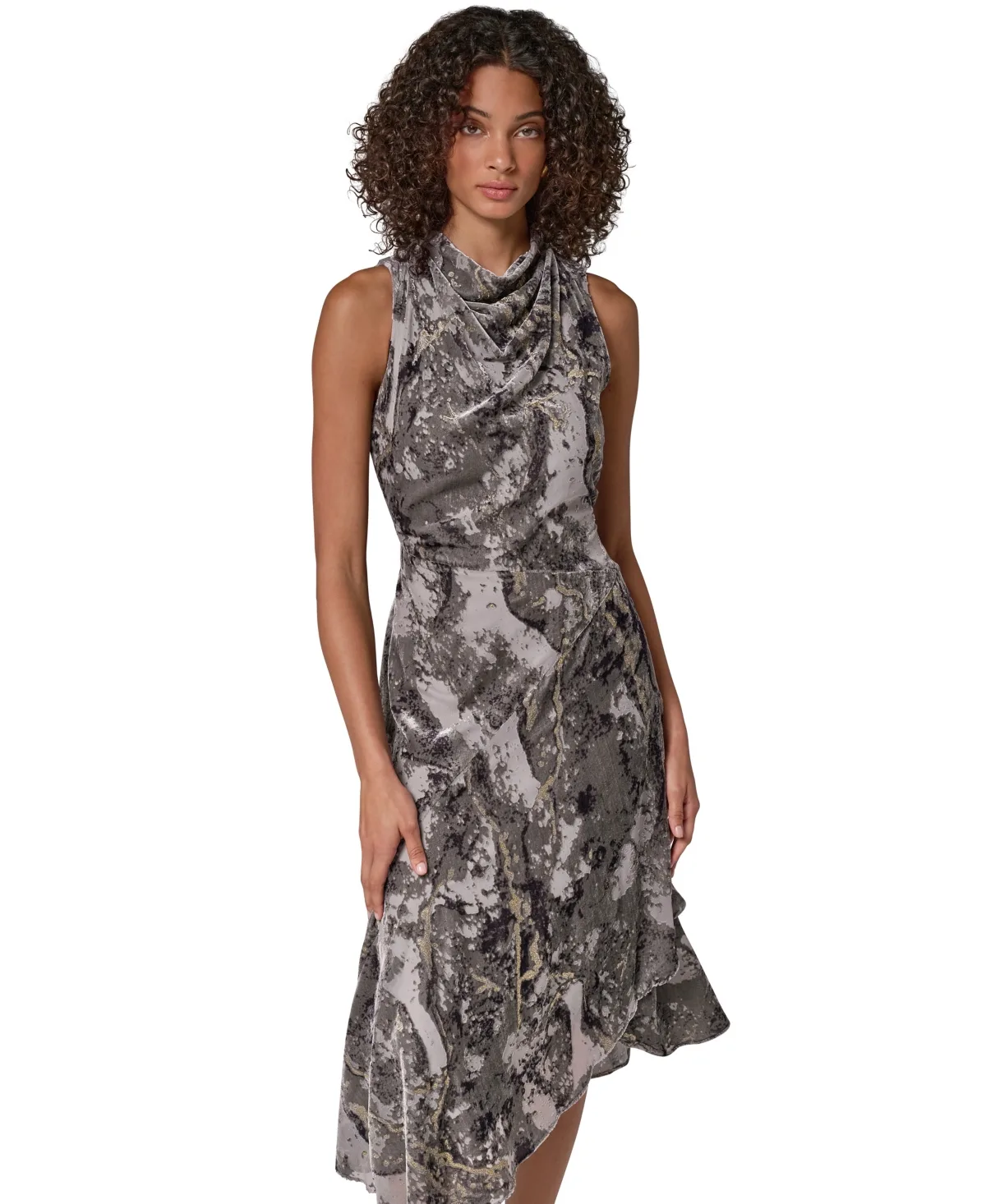 Cowl Neck Burnout Velvet Asymmetrical Midi Dress by Donna Karan New York