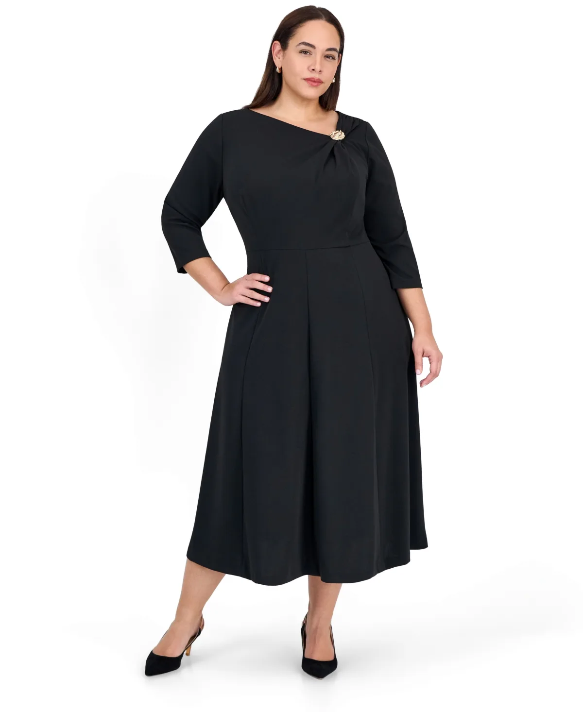 Asymmetrical Neckline 3/4-Sleeve A-Line Dress - Anne Black by Anne Klein