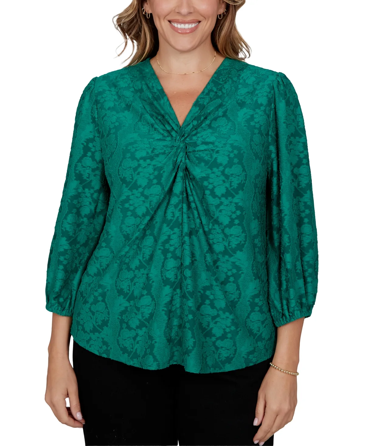 Knit Floral Clip 3/4-Sleeve V-Neck Blouse by Ruby Rd
