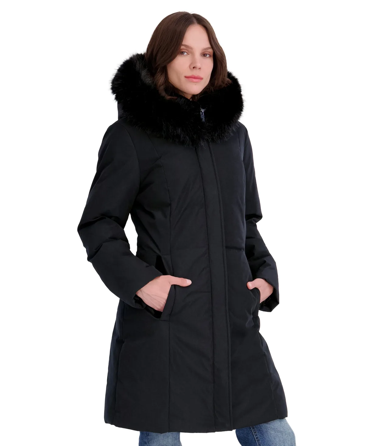 Velvet Bibbed Faux-Fur Hooded Puffer Coat