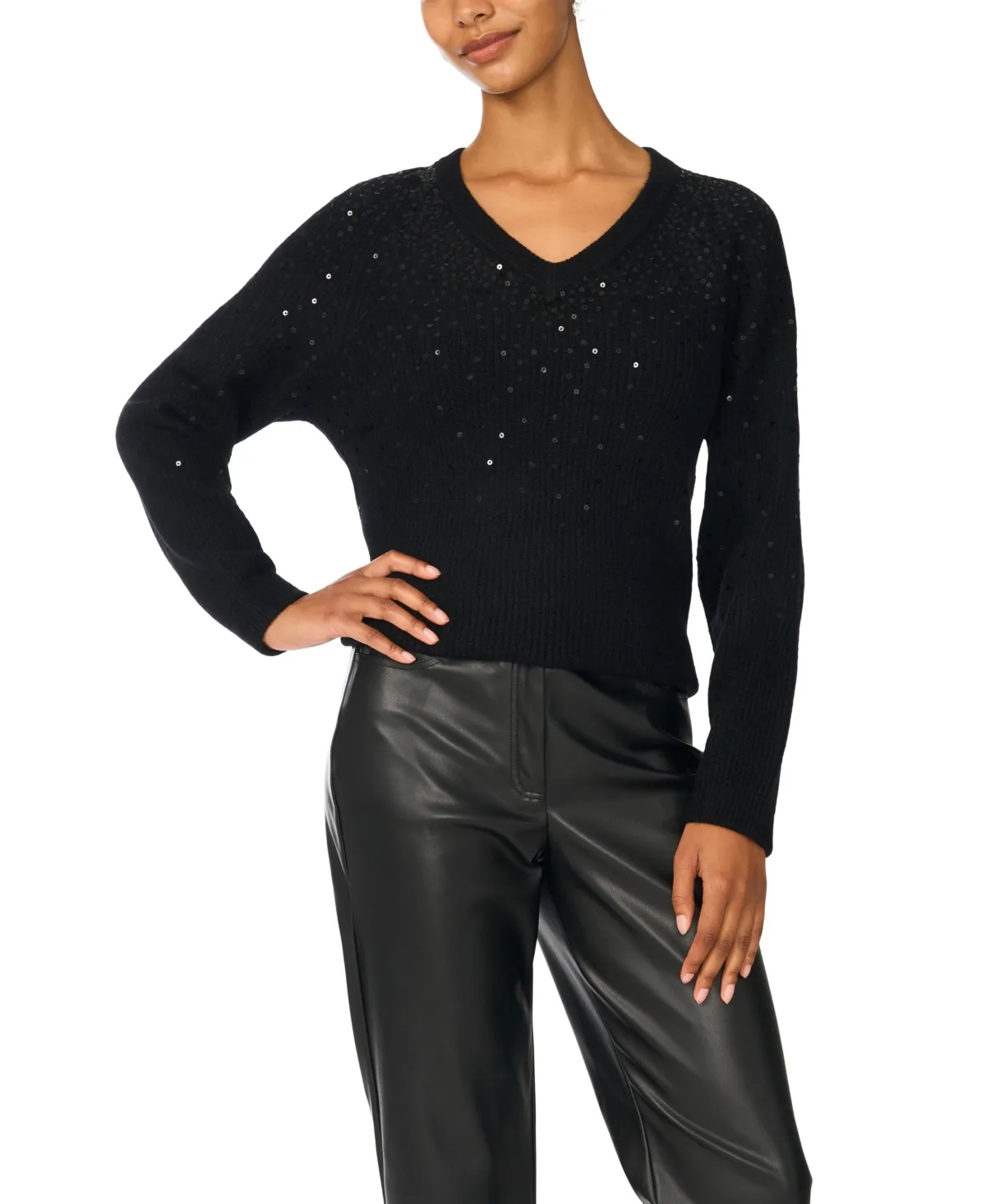 V-Neck Sequin Ribbed-Knit Sweater by Vince Camuto