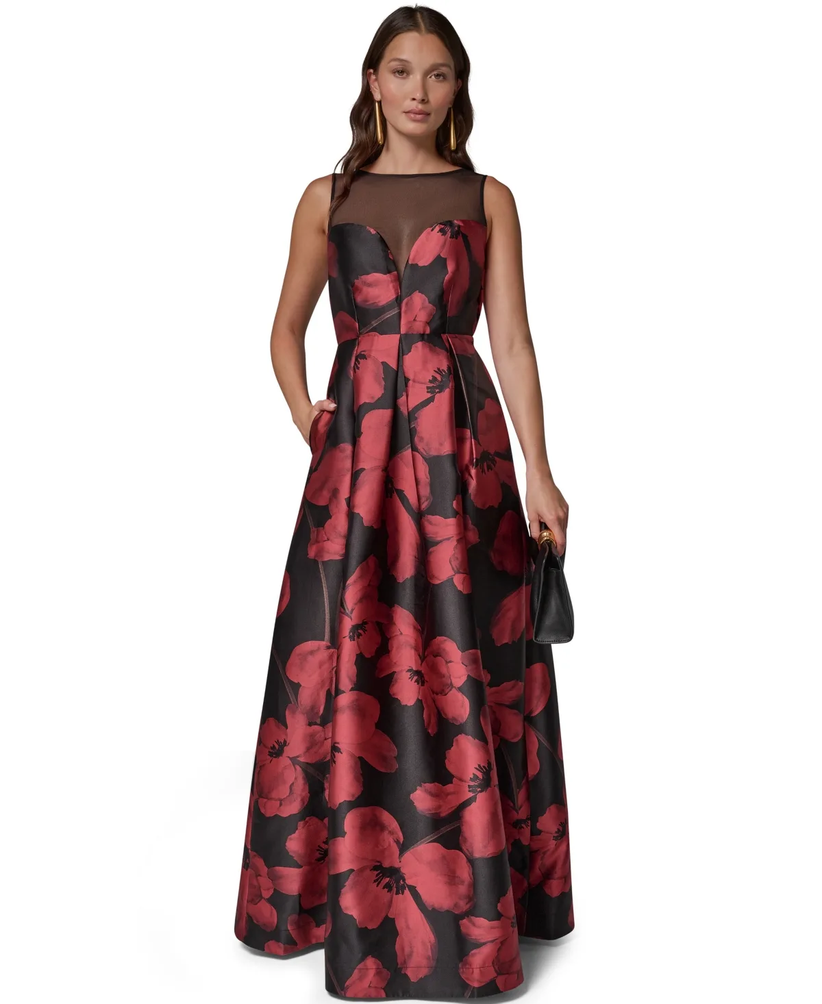 Illusion Sweetheart-Neck Floral-Print Pleated Gown