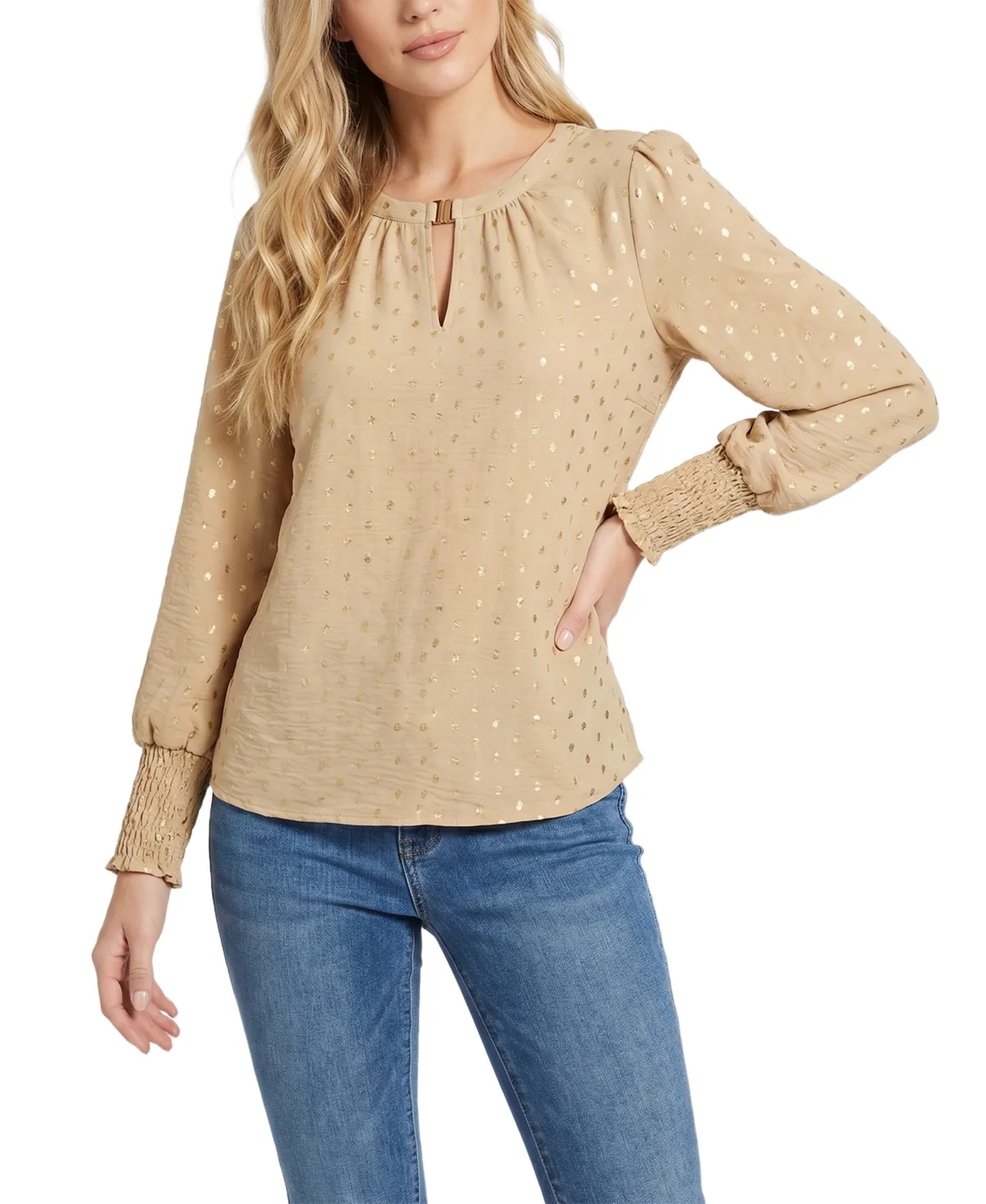 Long-Sleeve Metallic Split-Neck Blouse by Ny Collection