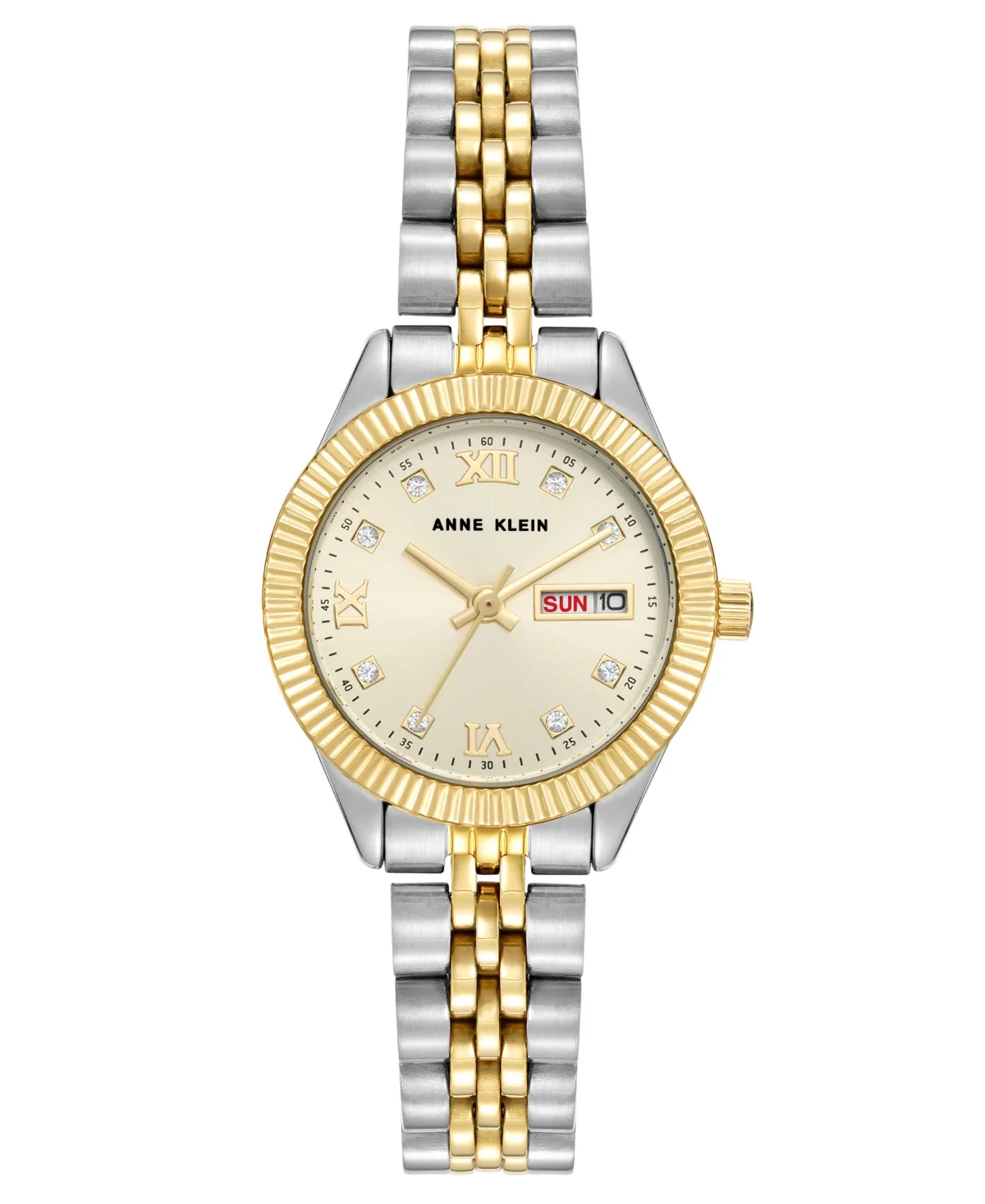 Quartz Sophisticated Round Two-Tone Metal Alloy Crystal Accented Dial Watch 26mm by Anne Klein