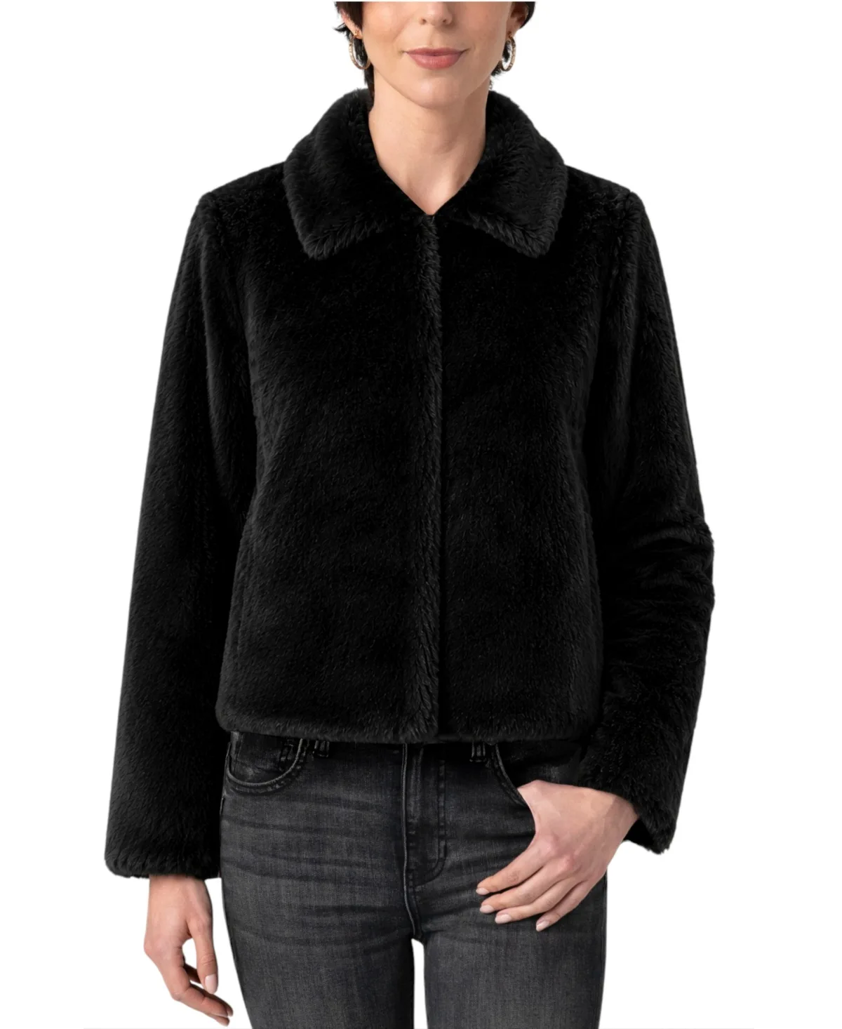 Cropped Collared Faux Fur Jacket by Liverpool Los Angeles