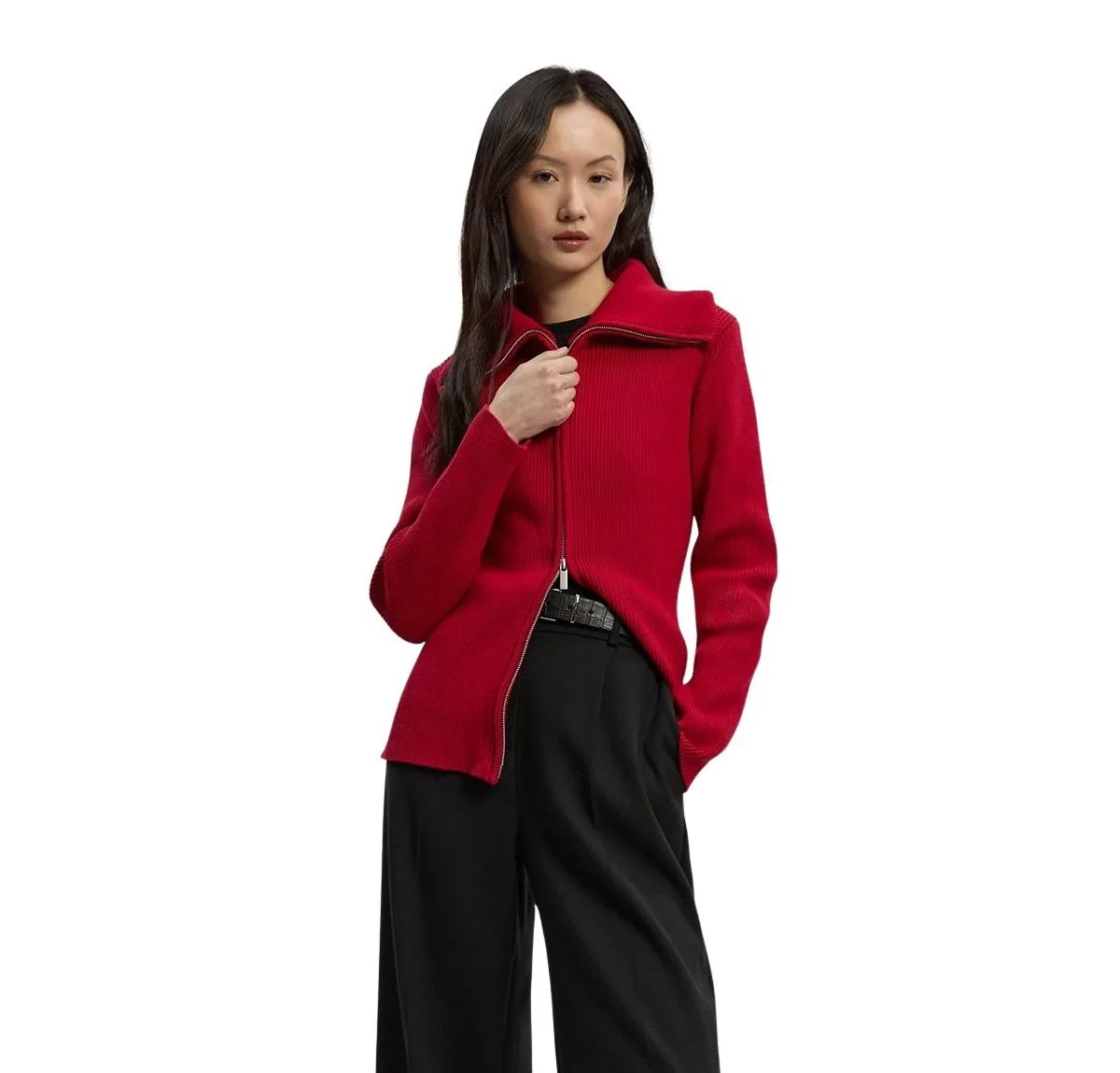 Cotton Zip Through Collar Knit Cardigan by Karen Millen