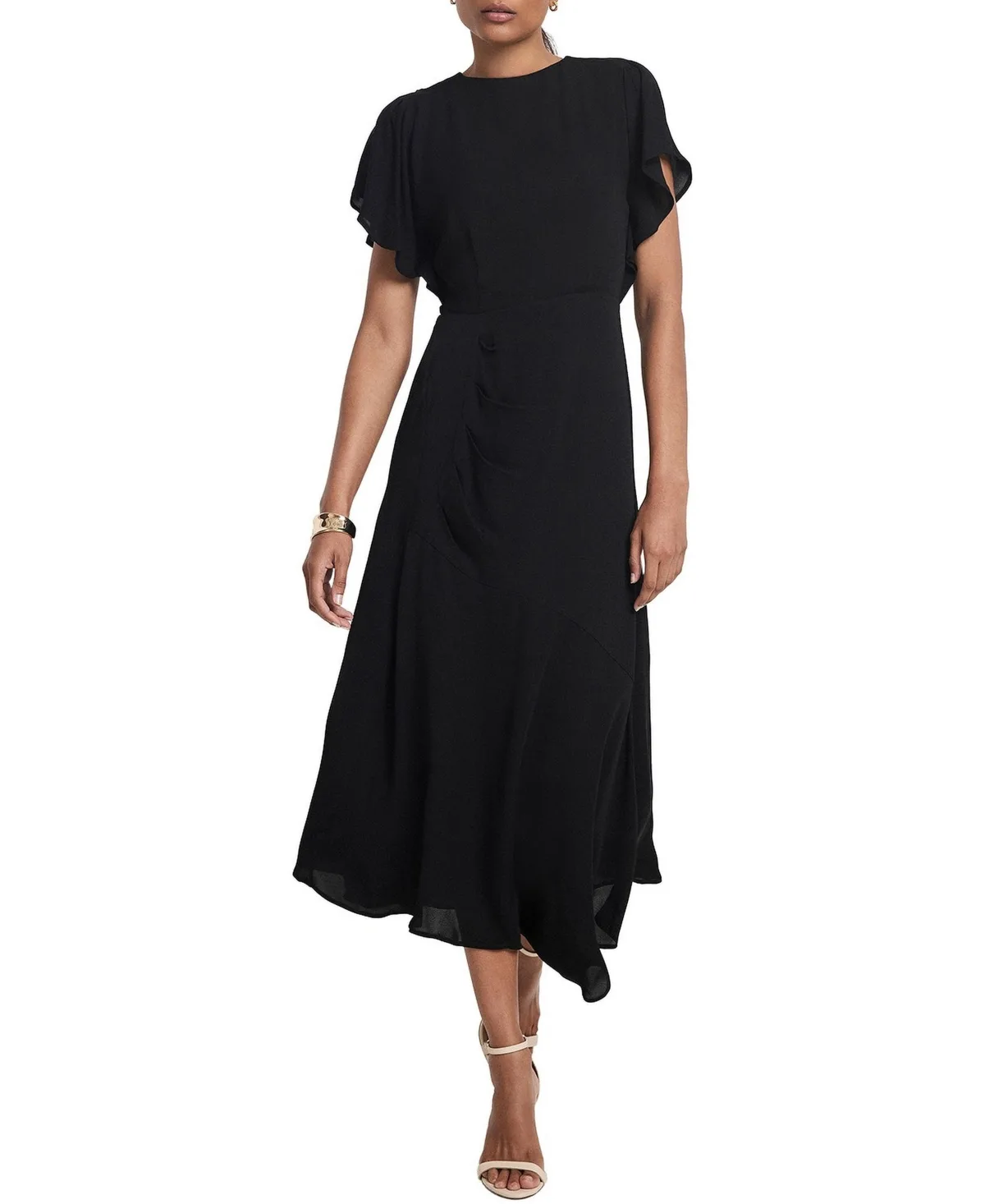 Asymmetric Gathered Short Ruffle Sleeves Midi Dress by Mint Velvet